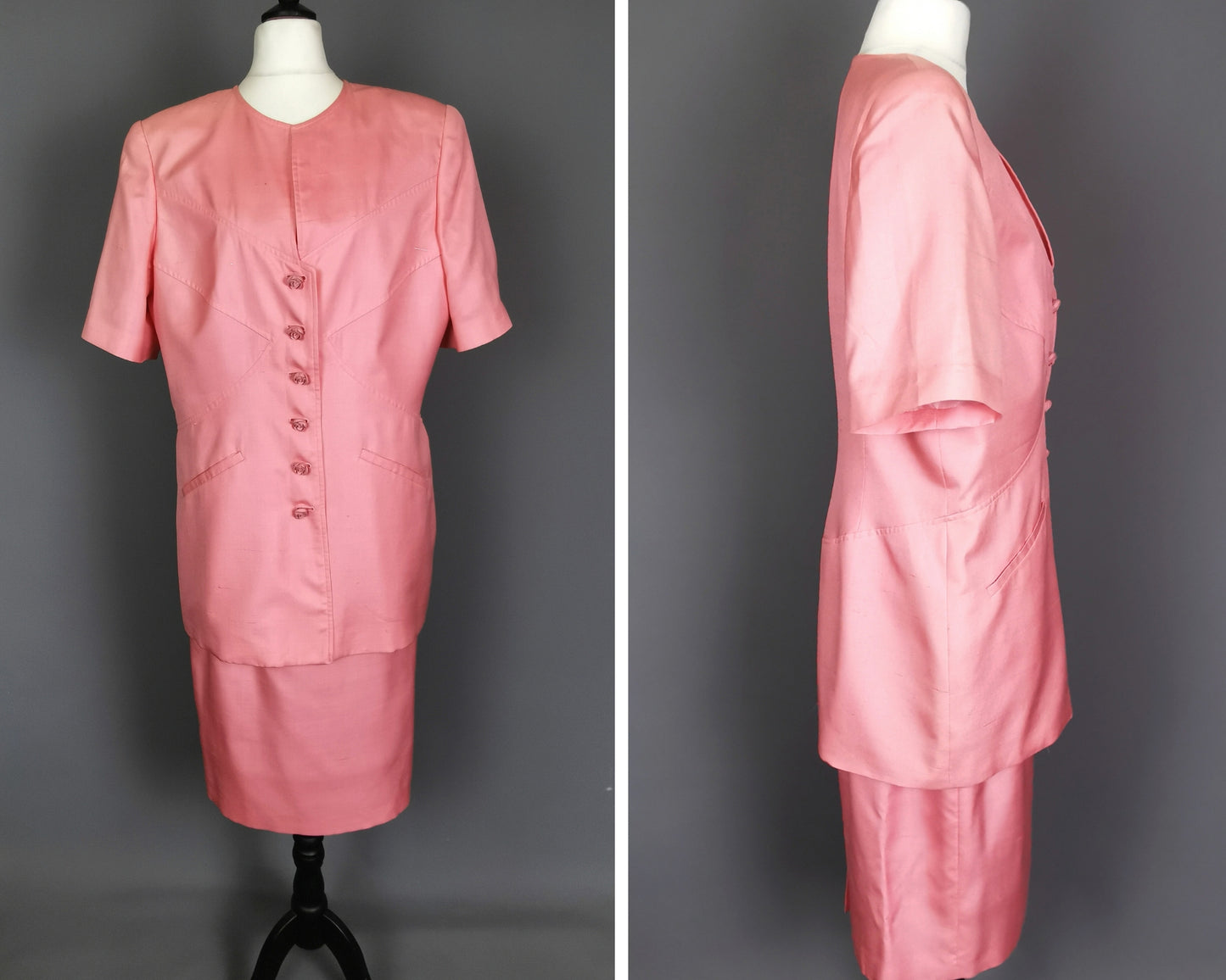 Vintage 80s Valentino pink silk skirt suit