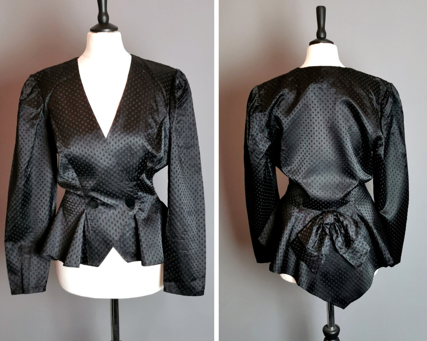 Vintage 80s Vampy peplum blouse, bow back, Black