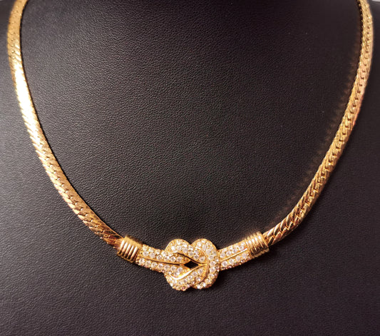 Vintage Swarovski crystal knot necklace, Herringbone link chain