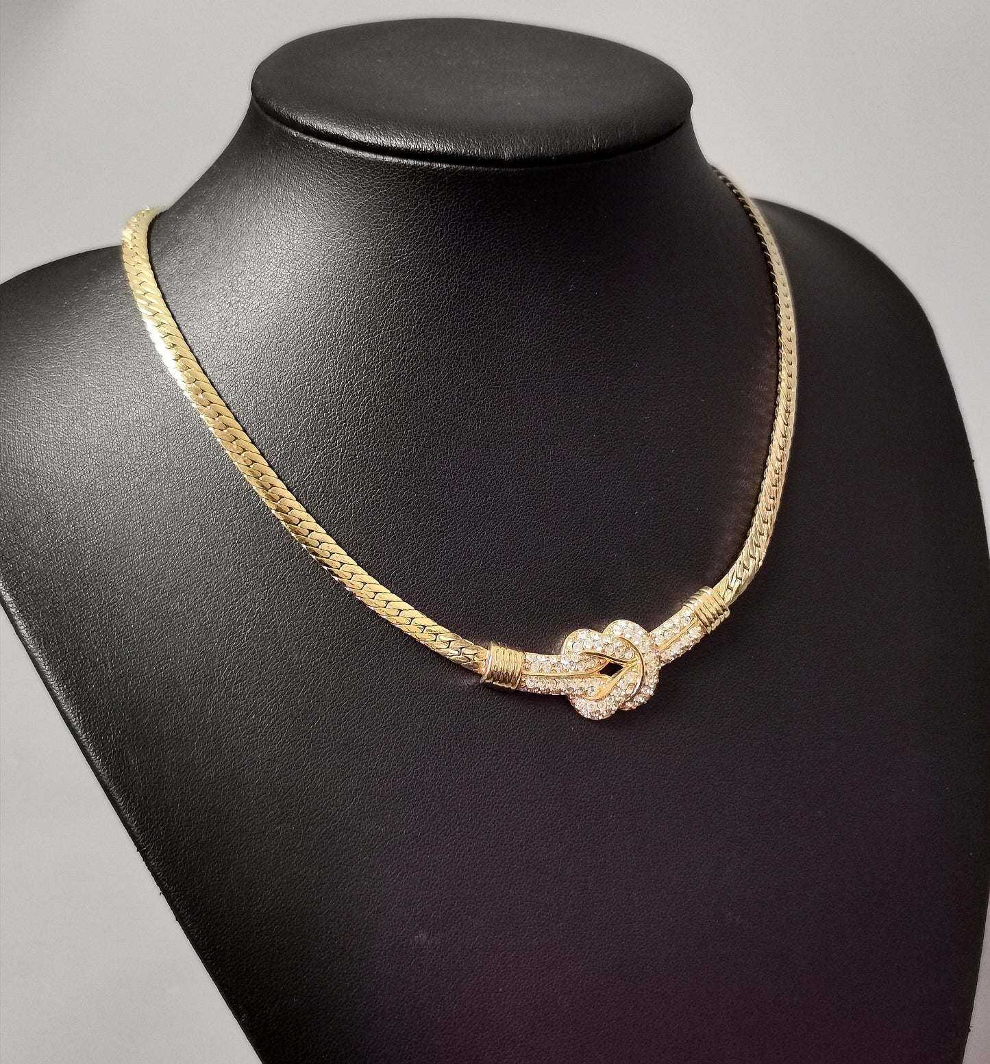 Vintage Swarovski crystal knot necklace, Herringbone link chain
