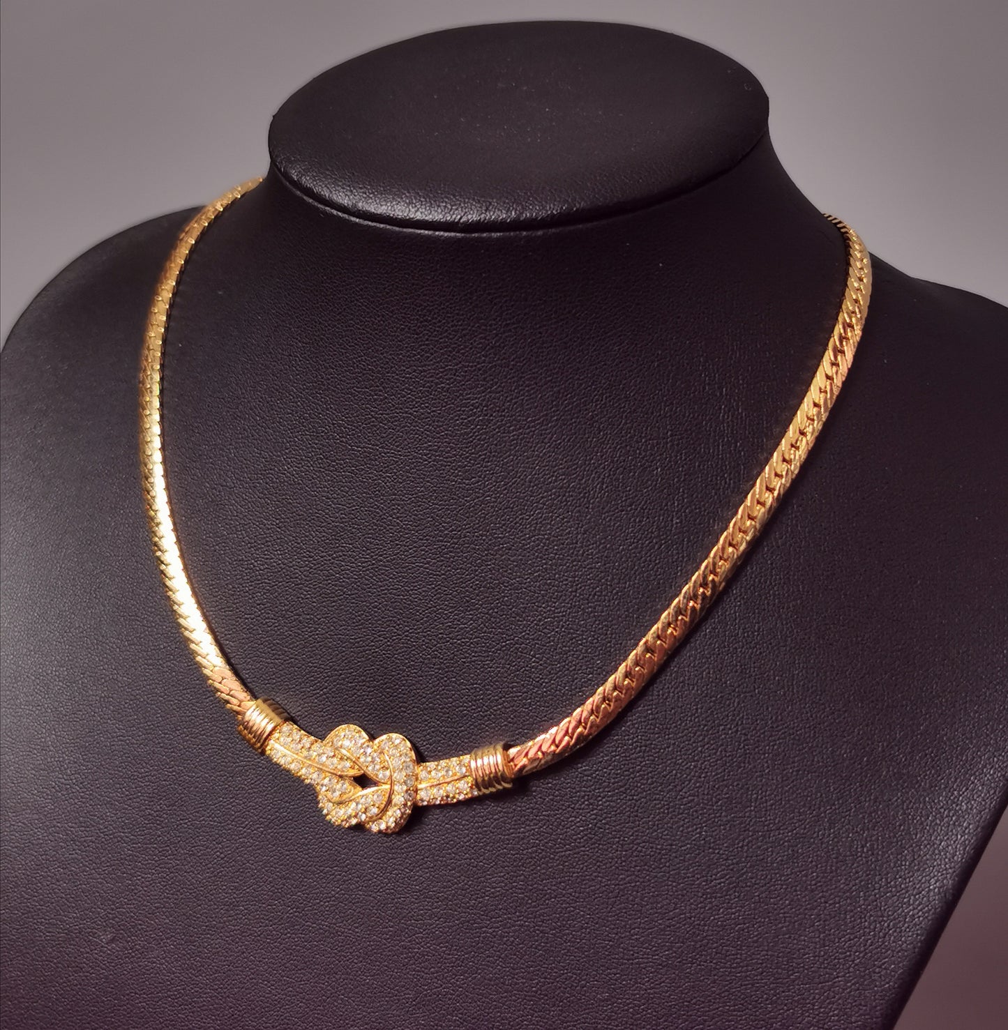 Vintage Swarovski crystal knot necklace, Herringbone link chain