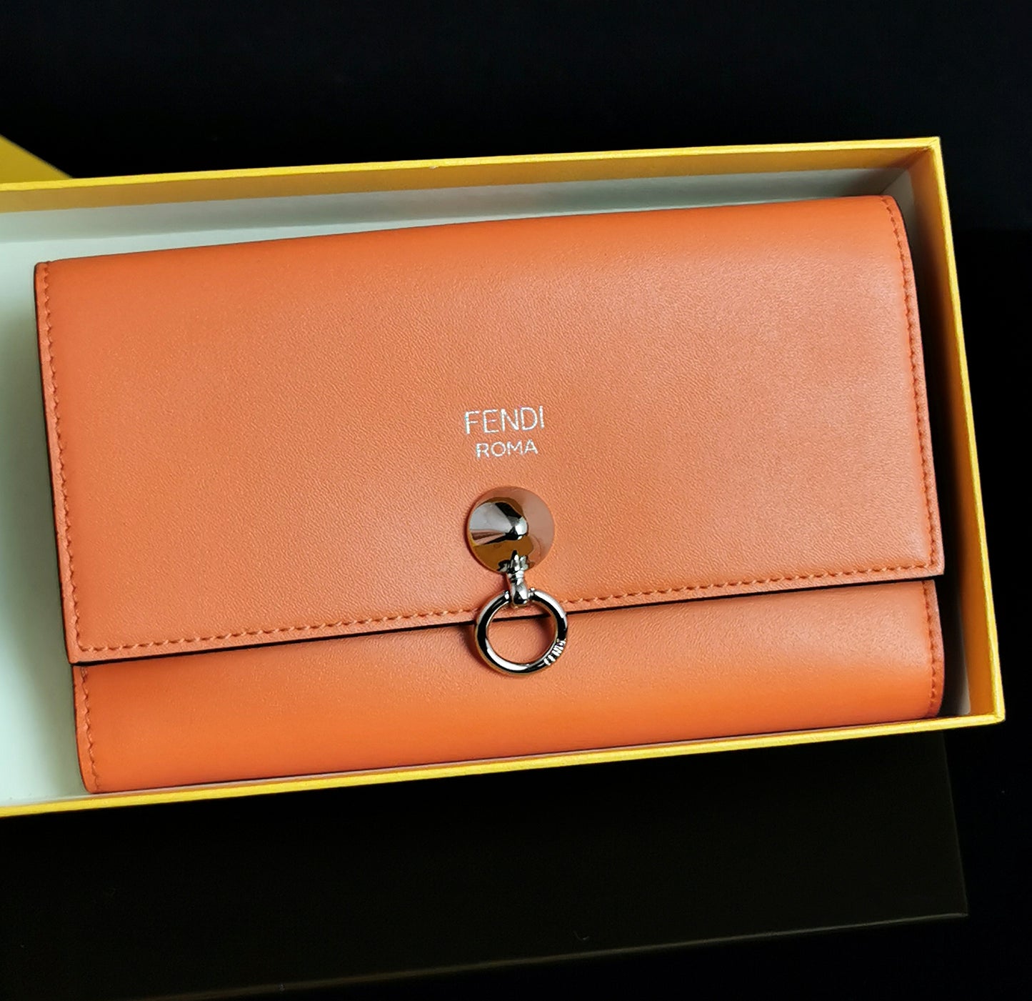 Fendi coral leather clutch purse, bi fold wallet, boxed