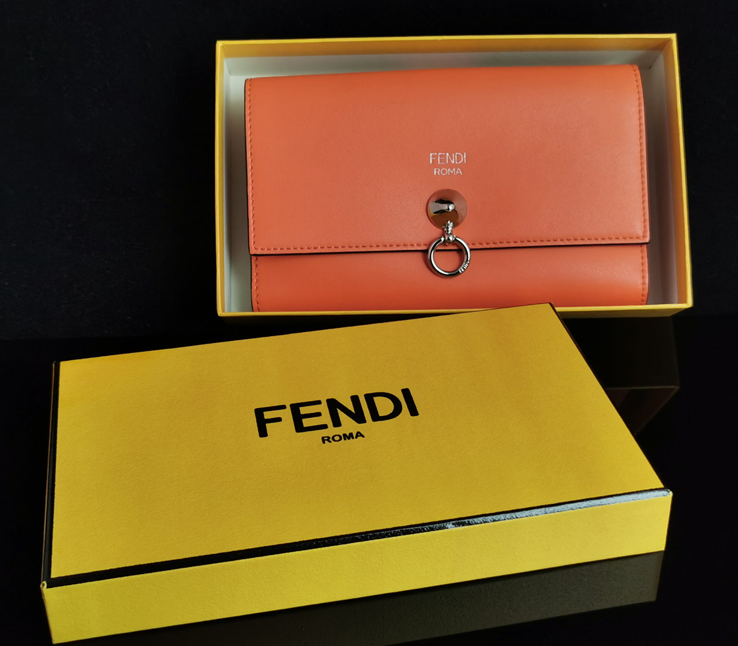 Fendi coral leather clutch purse, bi fold wallet, boxed