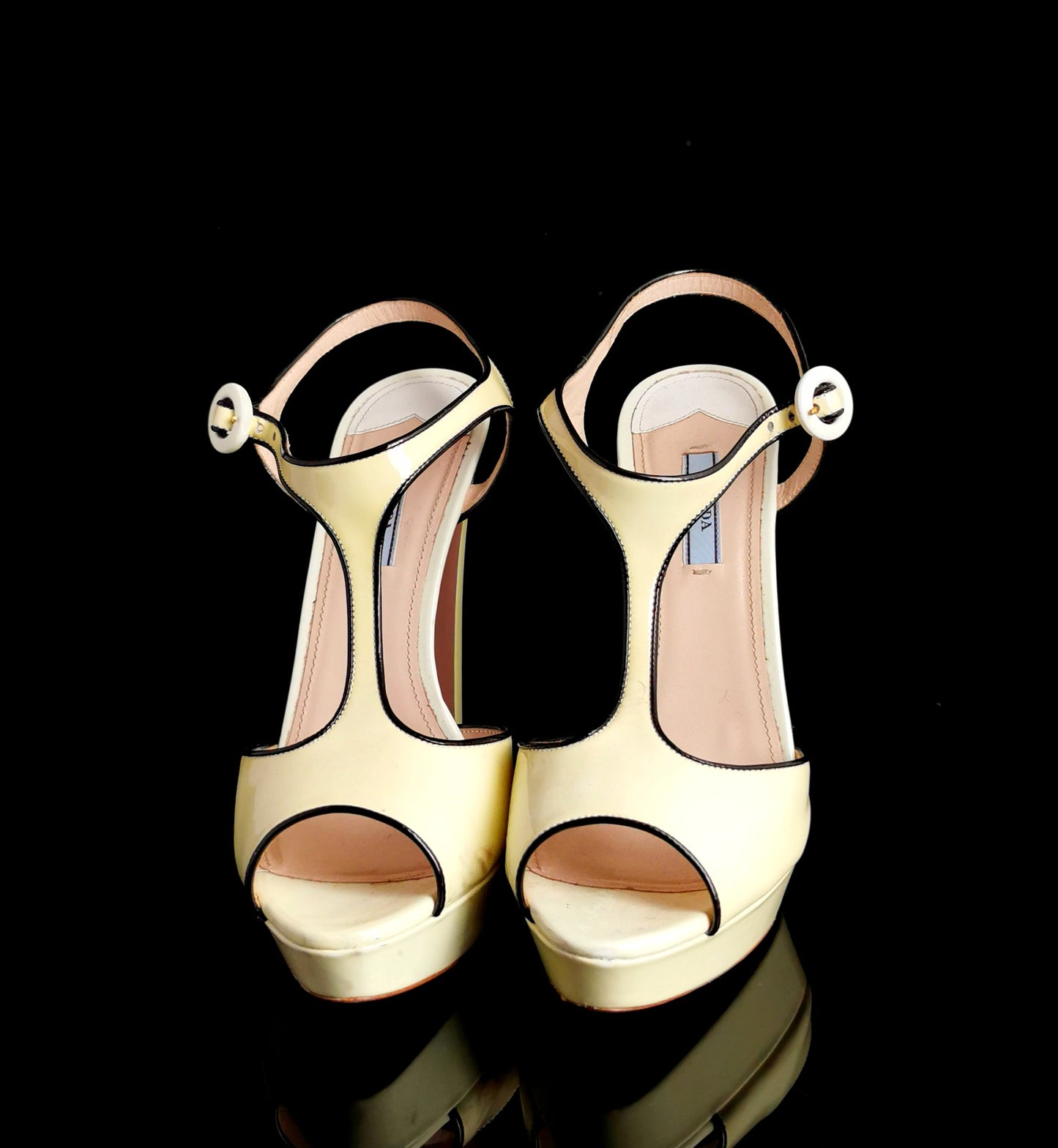 Prada Patent leather platform heel sandals, T bar, Lemon yellow