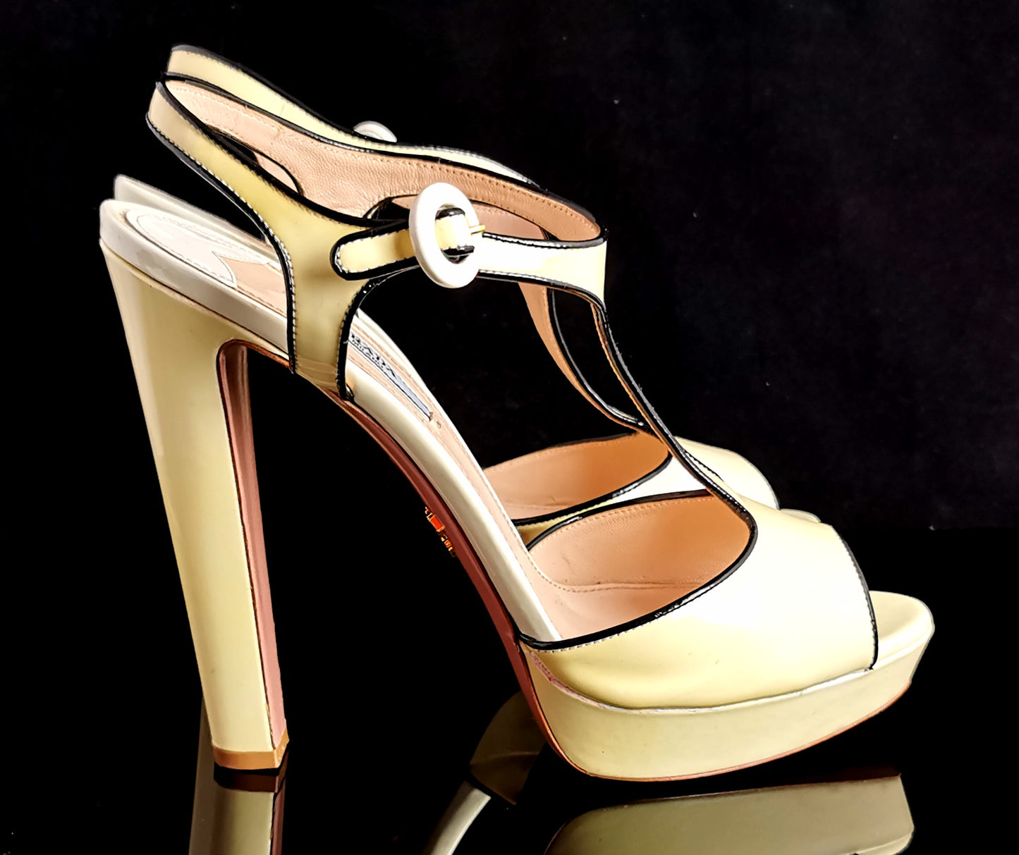 Prada Patent leather platform heel sandals, T bar, Lemon yellow