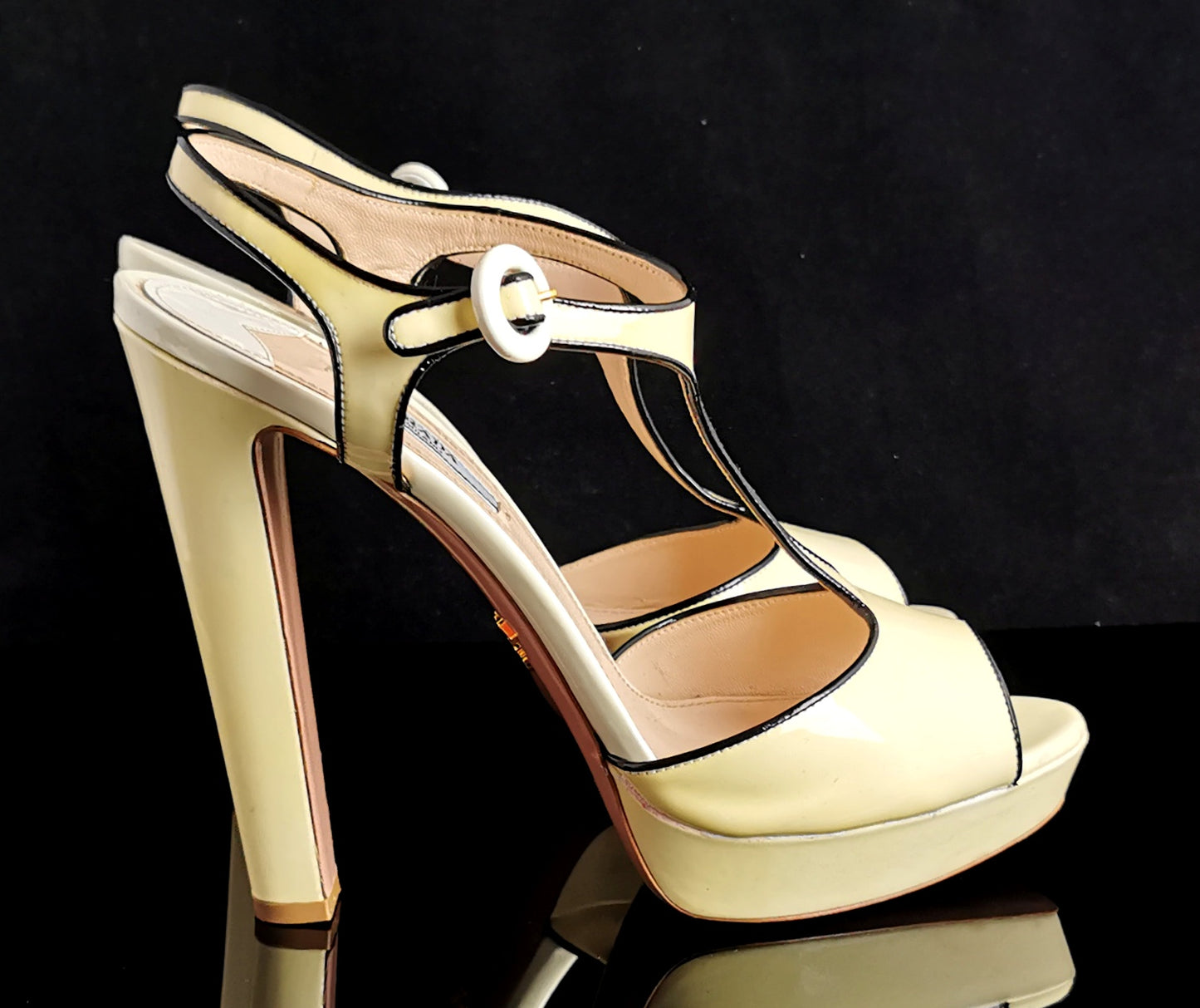 Prada Patent leather platform heel sandals, T bar, Lemon yellow
