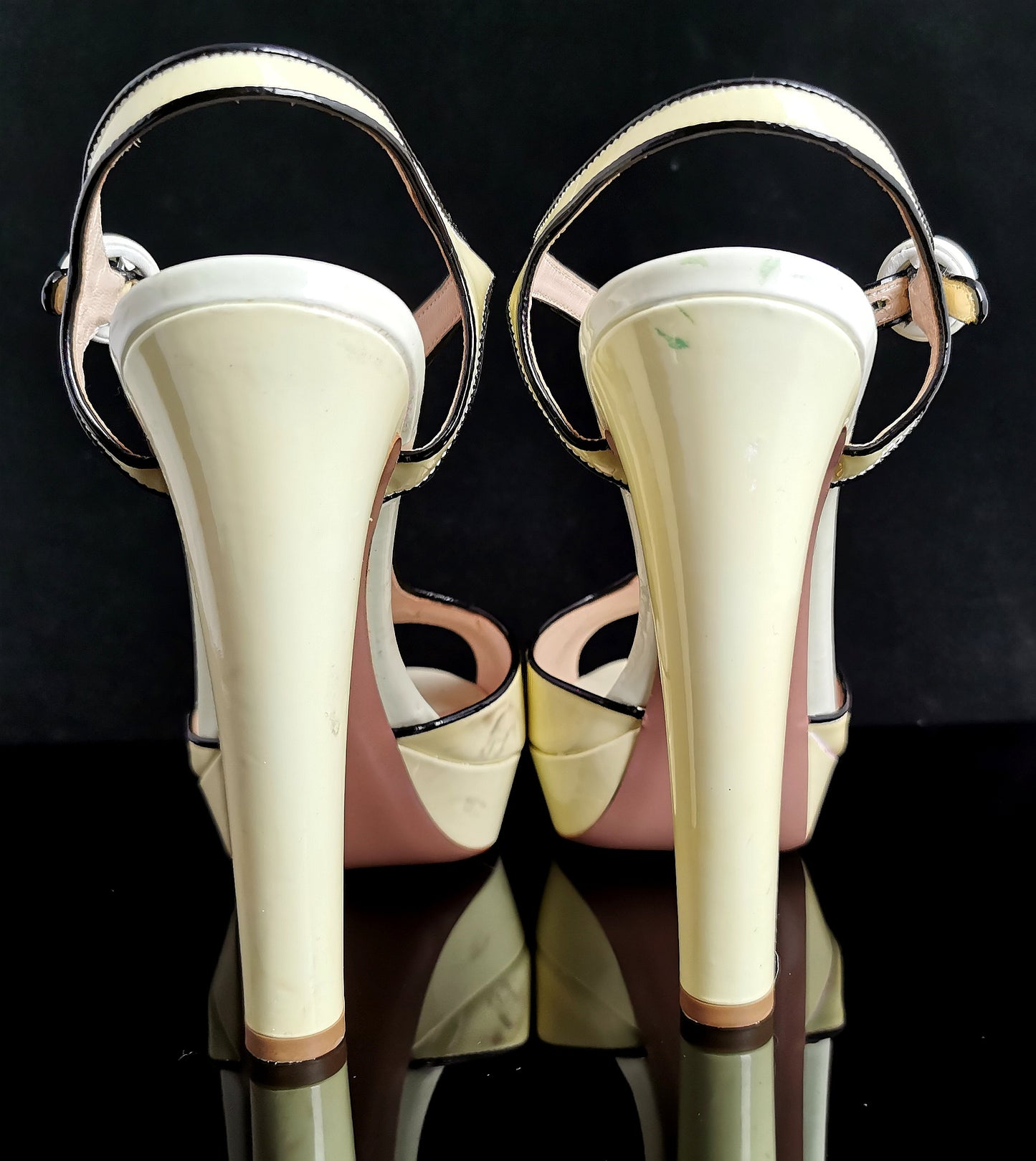 Prada Patent leather platform heel sandals, T bar, Lemon yellow