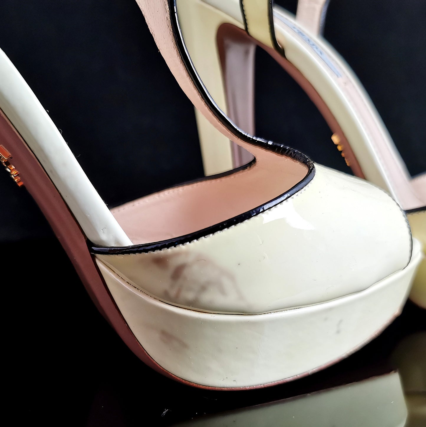 Prada Patent leather platform heel sandals, T bar, Lemon yellow