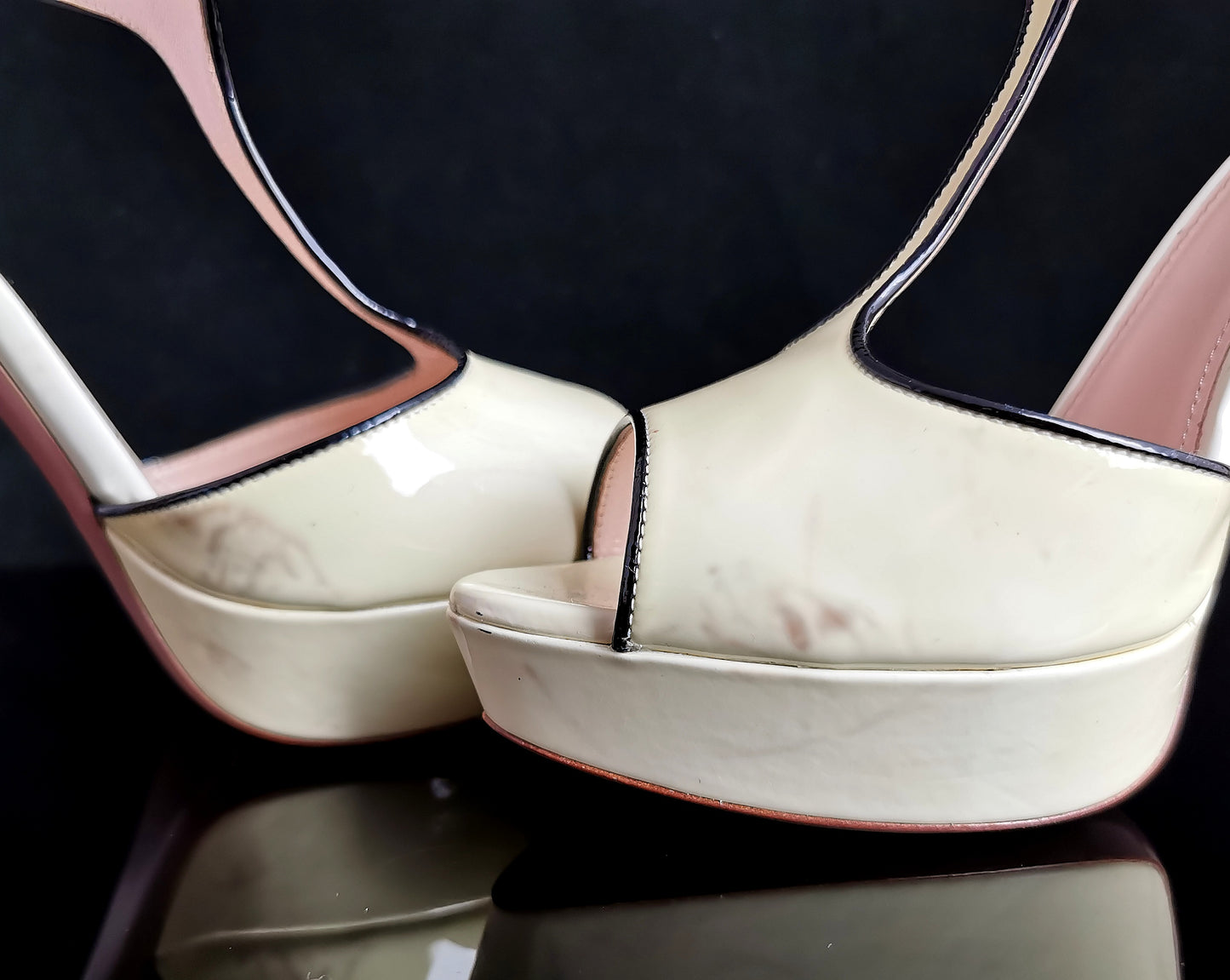 Prada Patent leather platform heel sandals, T bar, Lemon yellow