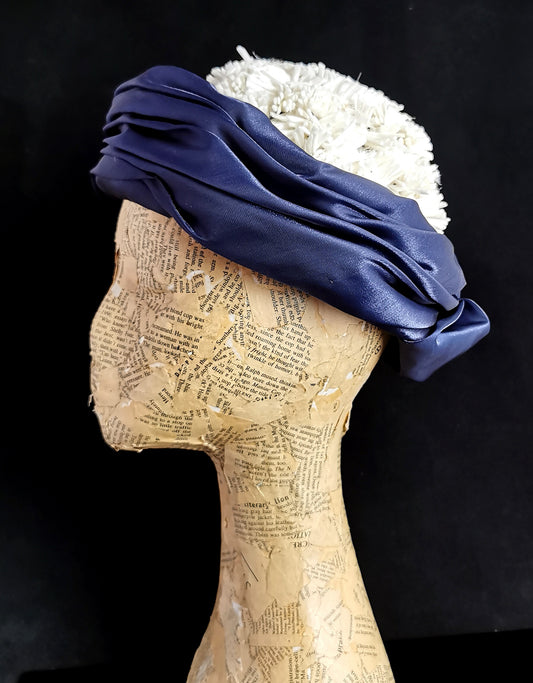 Vintage French ladies pillbox hat, blue satin and sisal