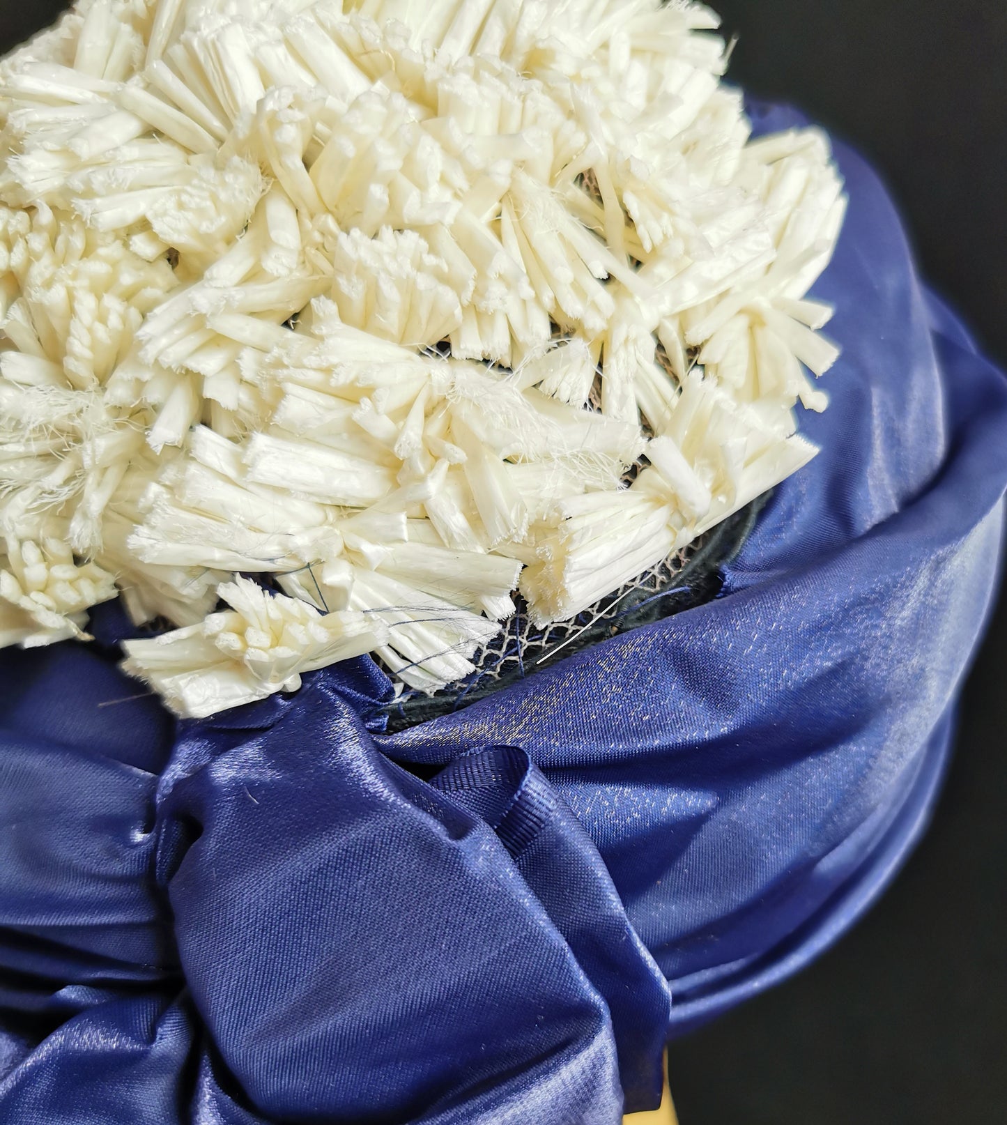 Vintage French ladies pillbox hat, blue satin and sisal