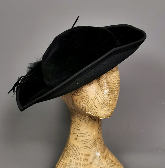 Vintage Ladies Black velvet tricorn hat, Feather