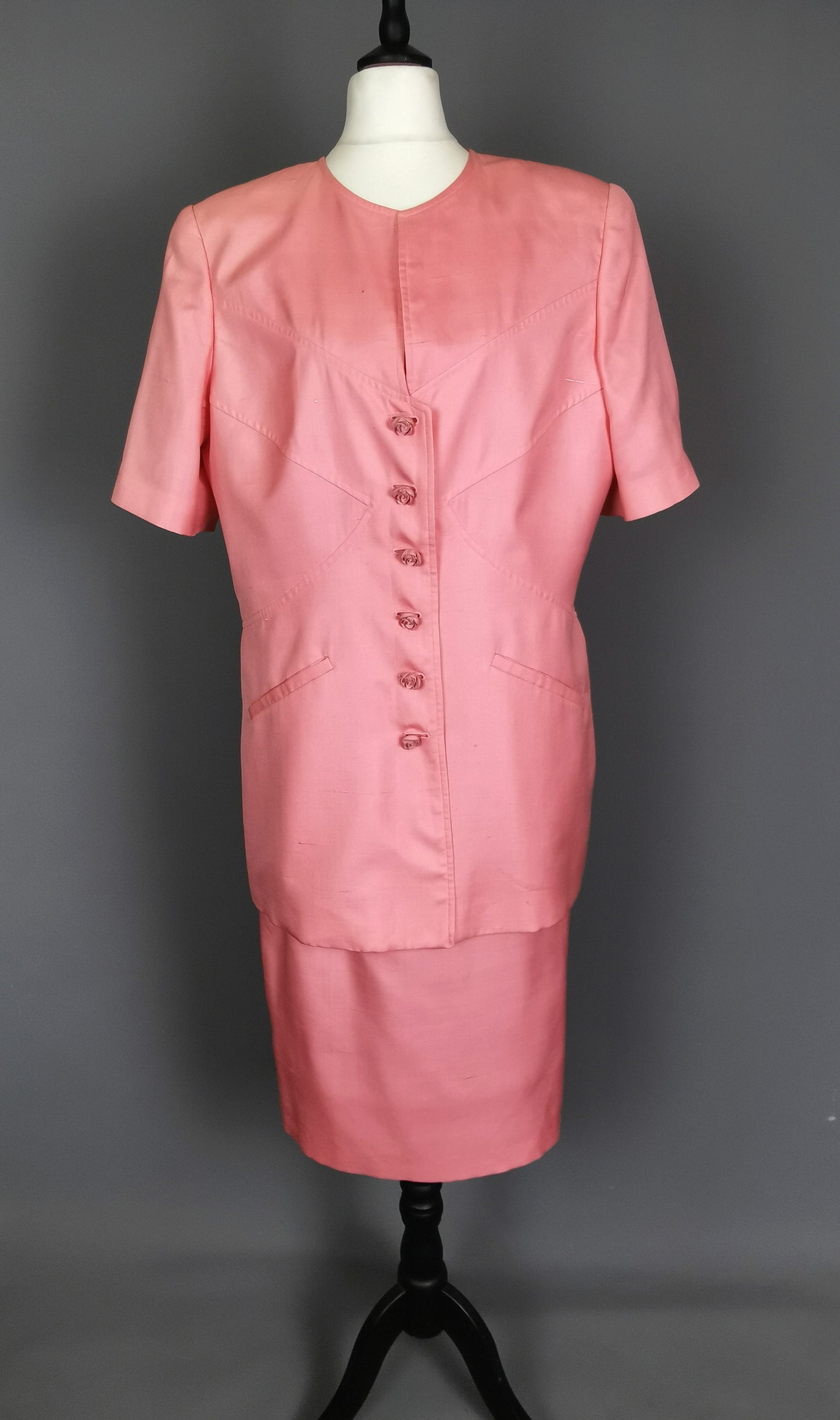 Vintage 80s Valentino pink silk skirt suit