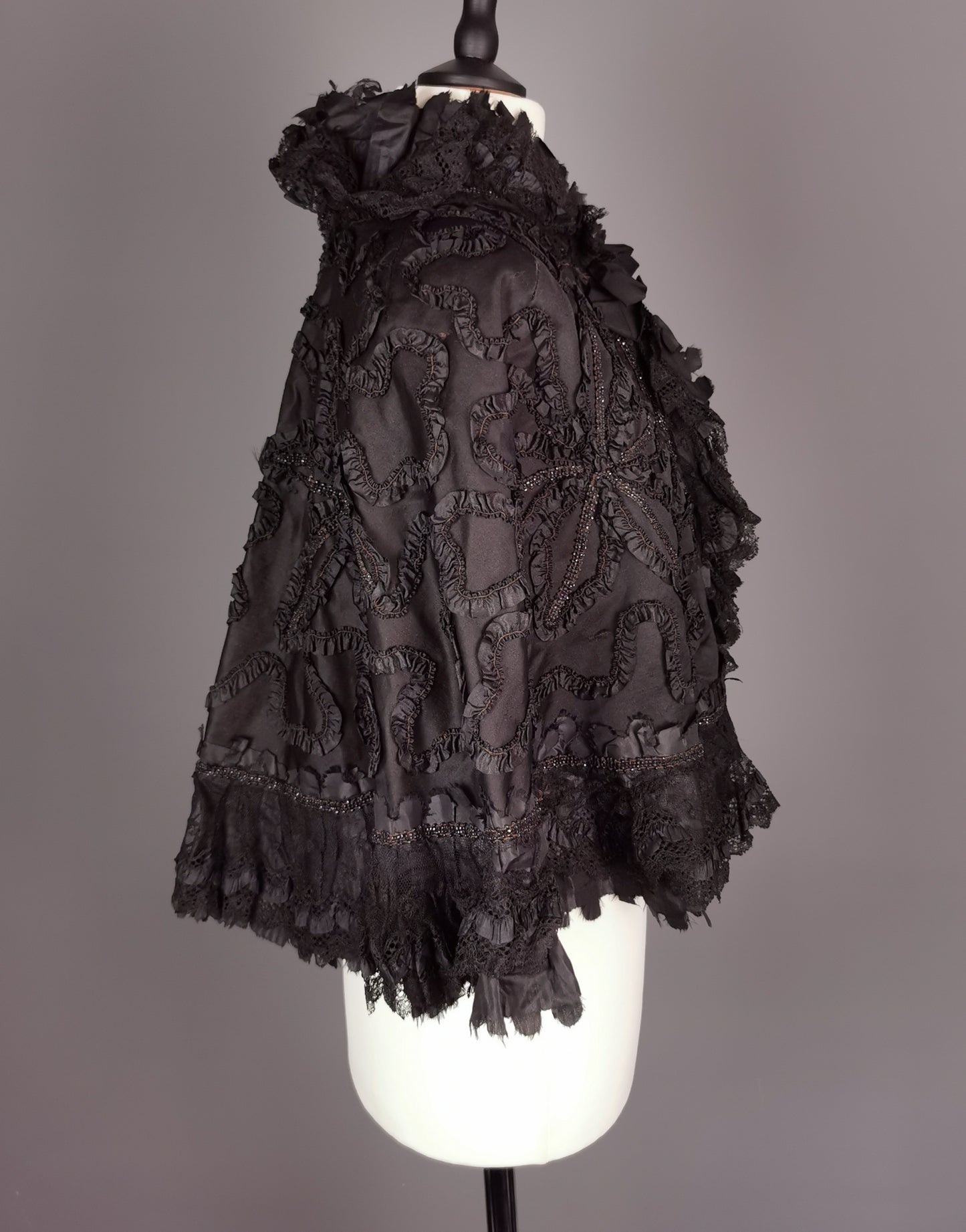 Antique Victorian mourning cape, French jet, Taffeta, Silk and Lace