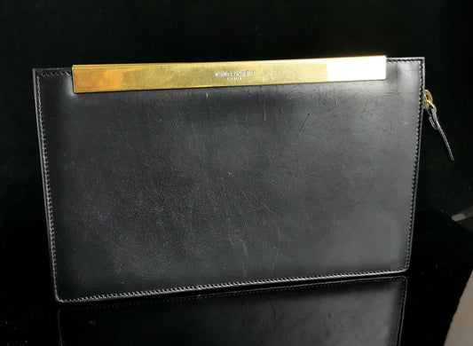 YSL black leather clutch purse, gold tone, handbag