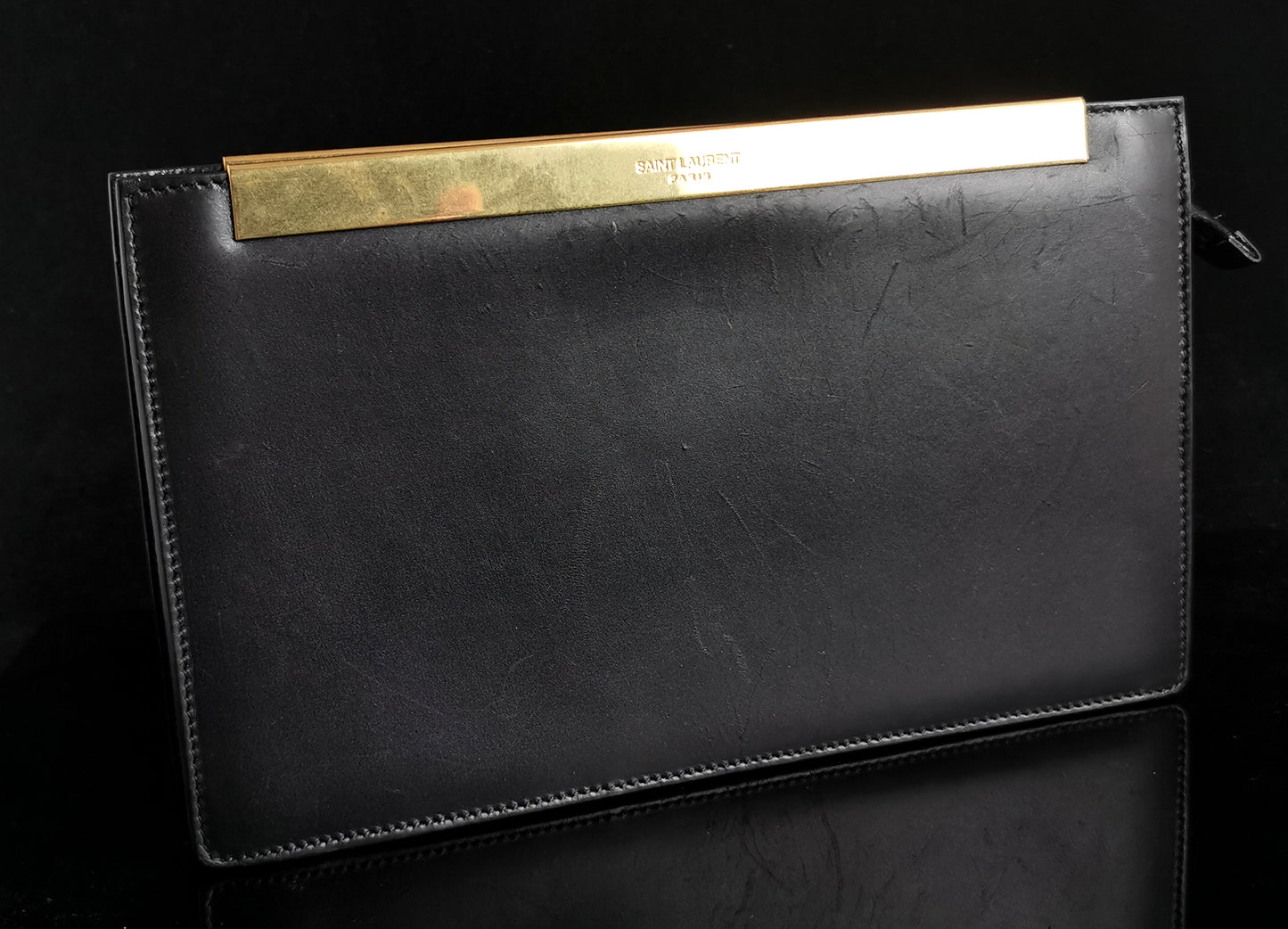 YSL black leather clutch purse, gold tone, handbag