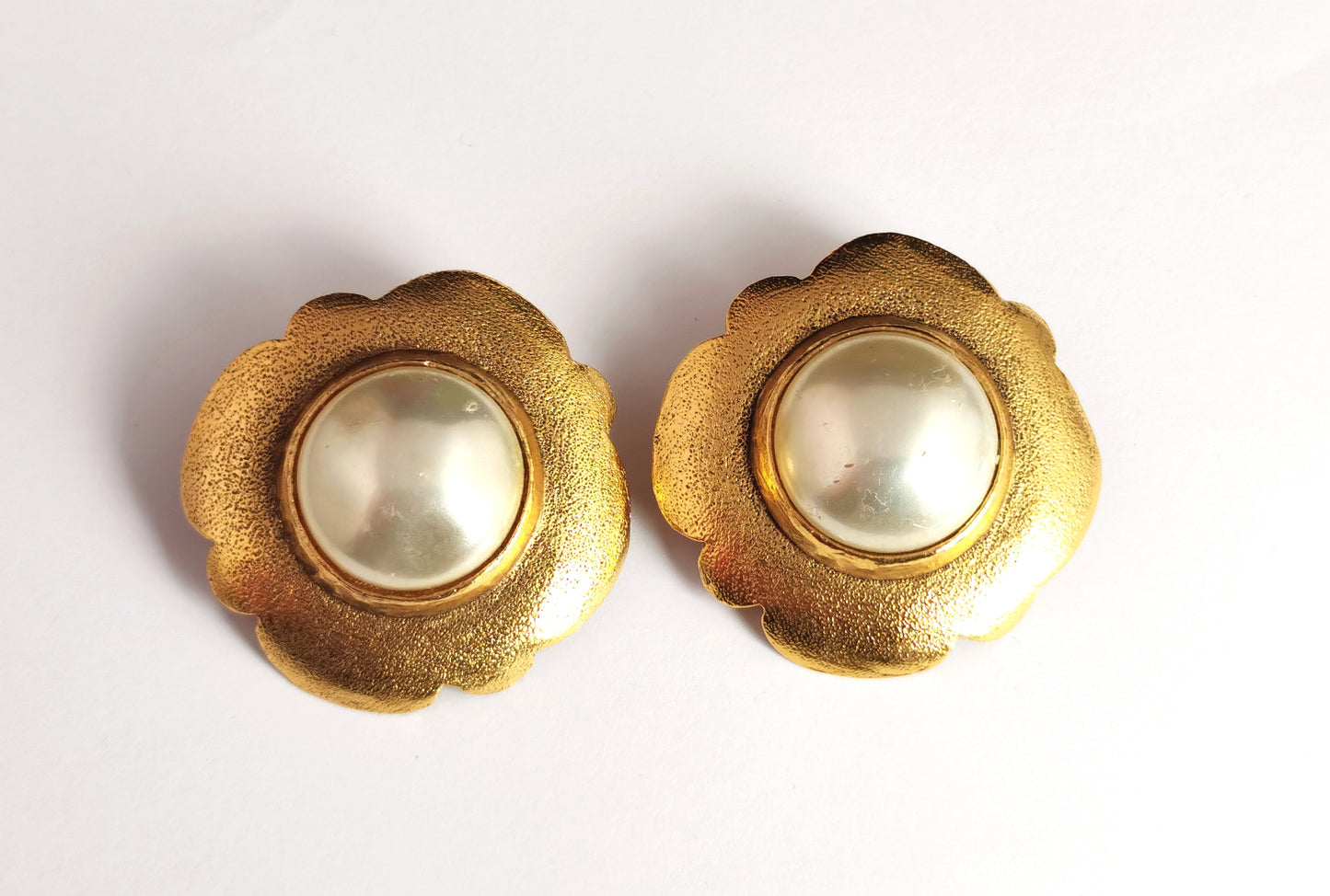 Vintage Chanel faux pearl clip on earrings, Gold tone, c1980s