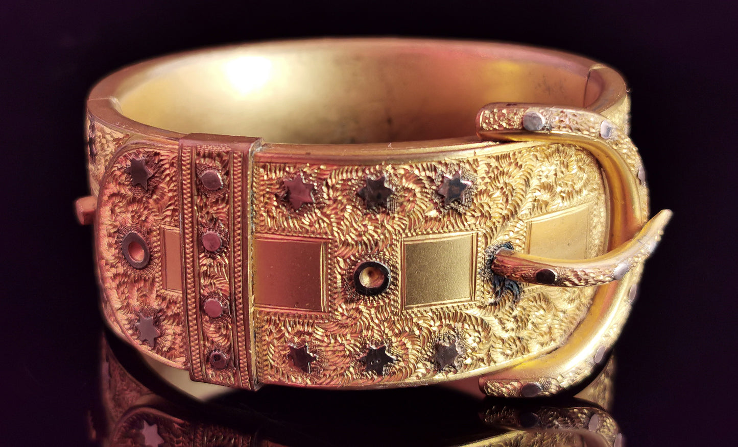 Antique Victorian gilt buckle bangle, stars