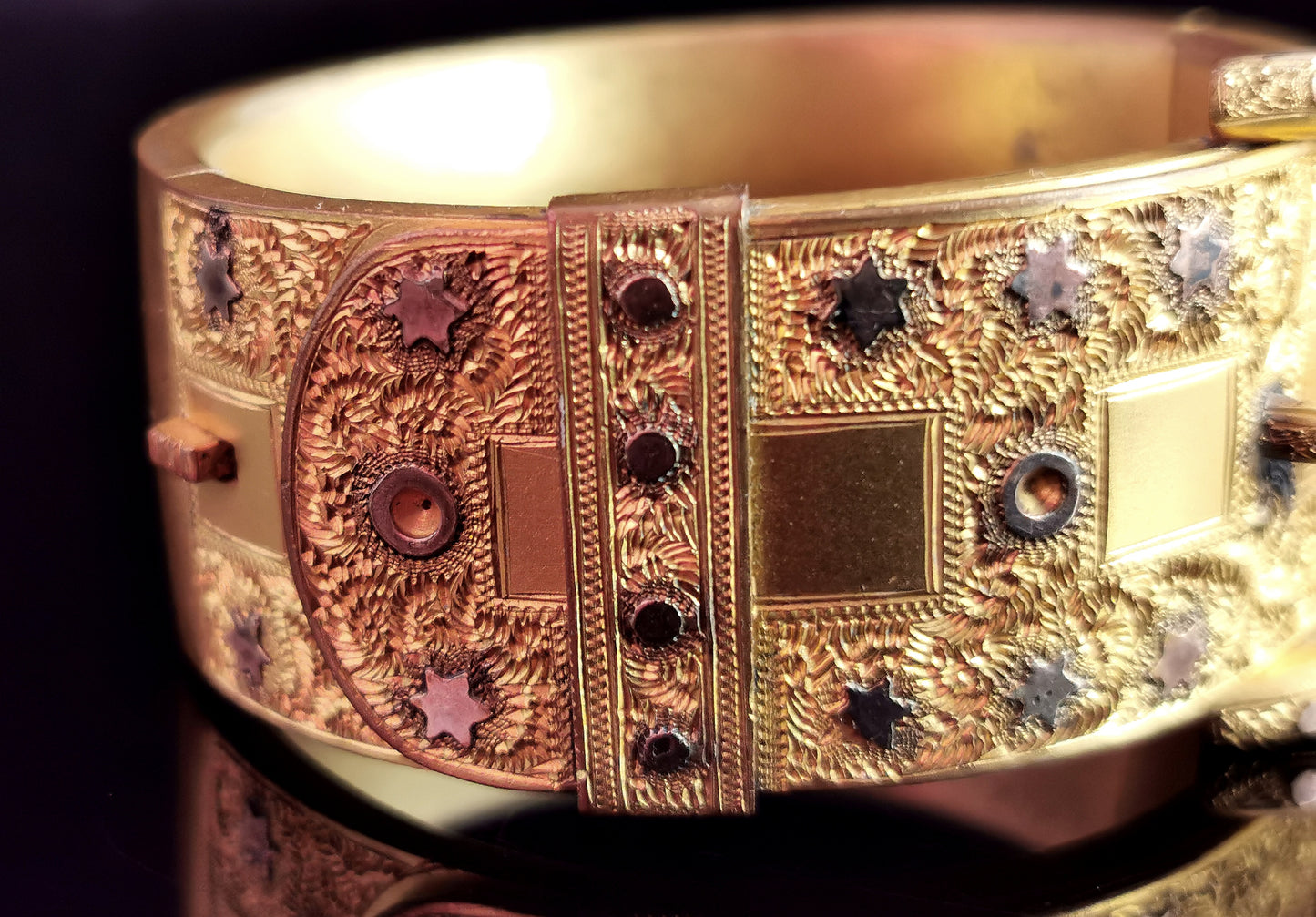 Antique Victorian gilt buckle bangle, stars