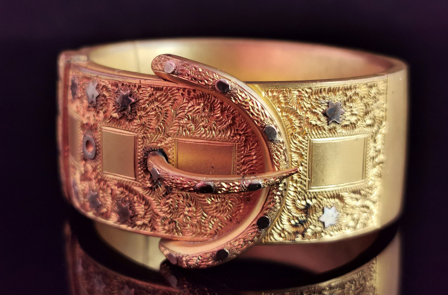 Antique Victorian gilt buckle bangle, stars