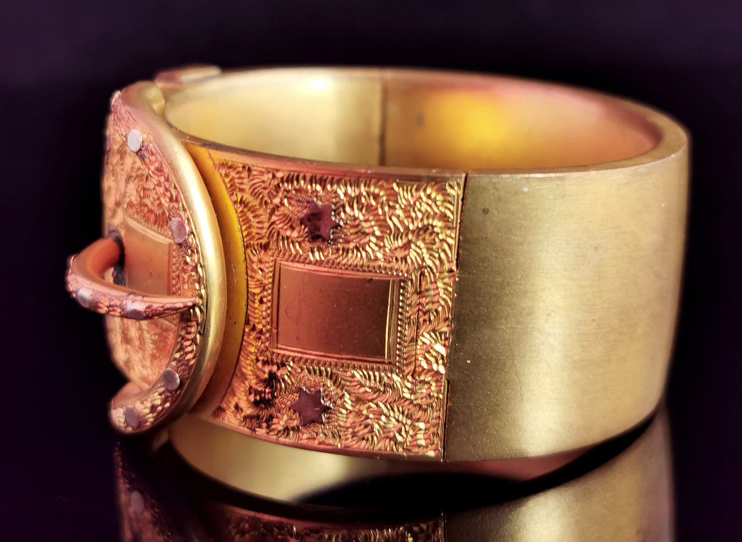 Antique Victorian gilt buckle bangle, stars