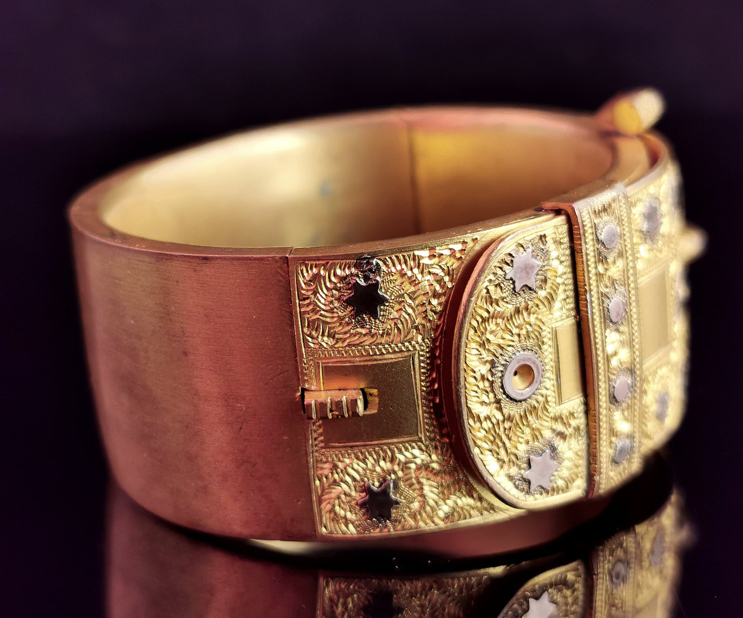Antique Victorian gilt buckle bangle, stars