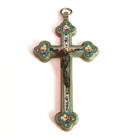 Antique Micro mosaic crucifix pendant, Italian Cross, large