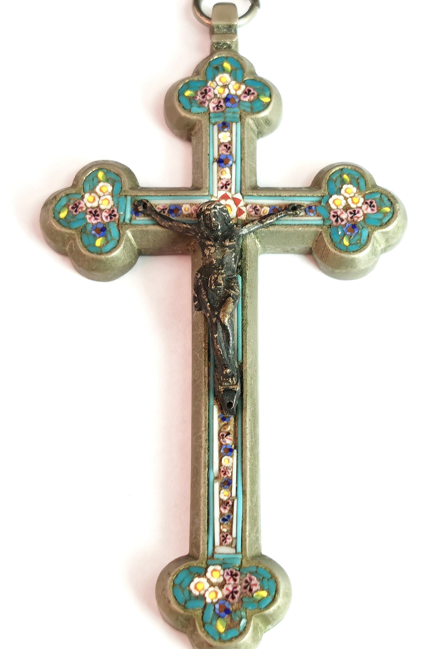 Antique Micro mosaic crucifix pendant, Italian Cross, large