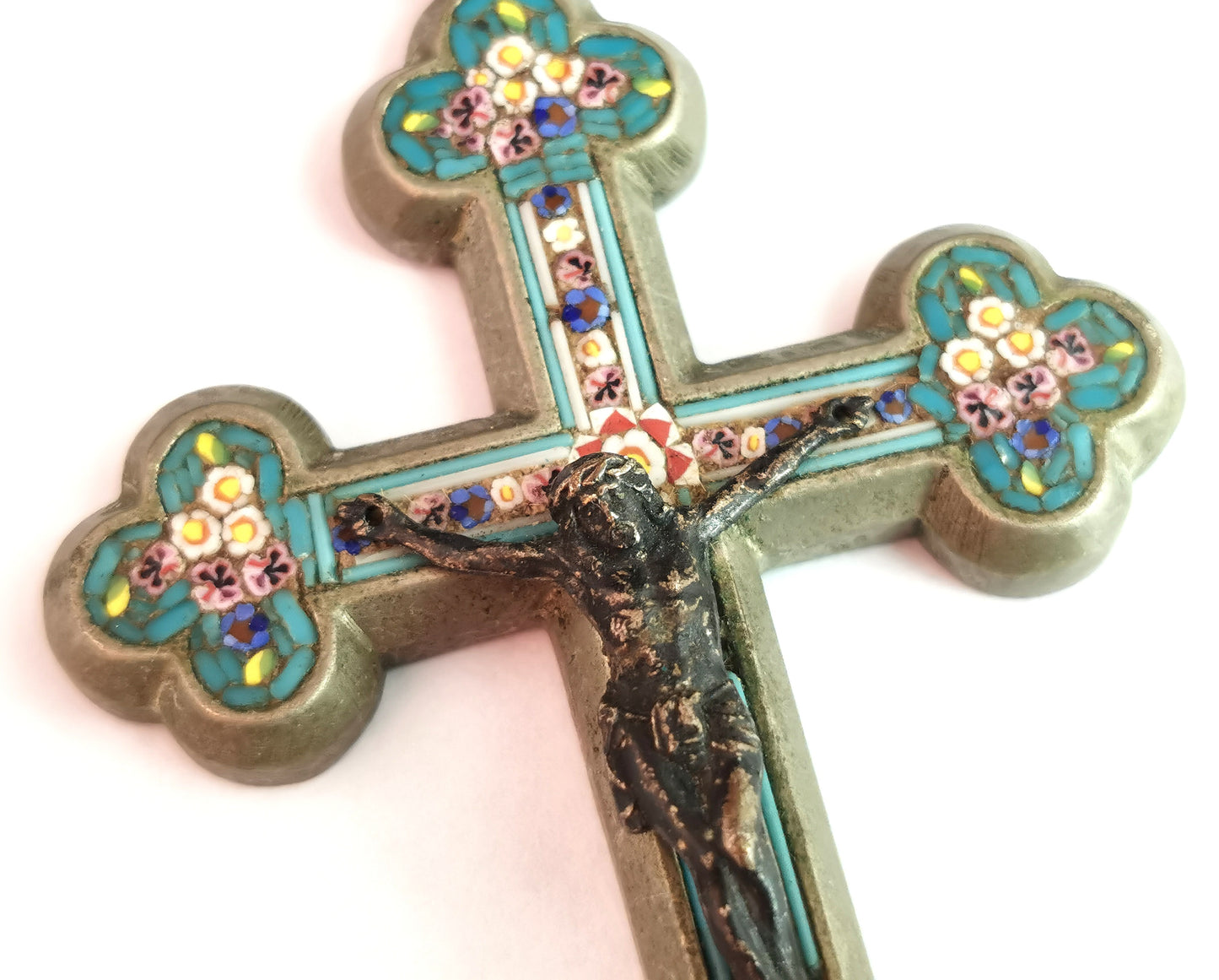 Antique Micro mosaic crucifix pendant, Italian Cross, large