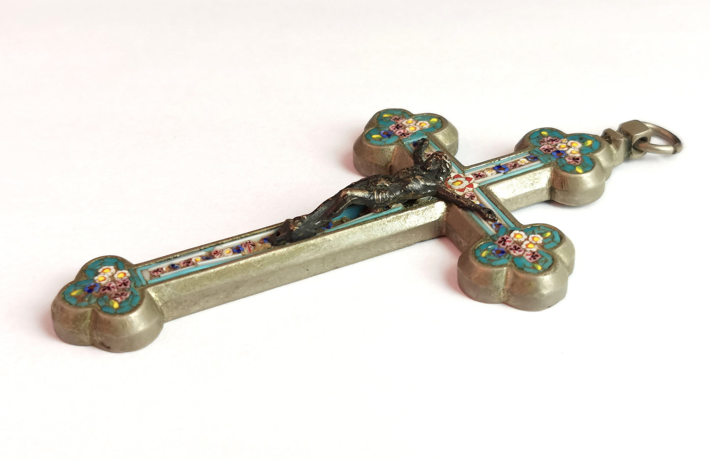 Antique Micro mosaic crucifix pendant, Italian Cross, large