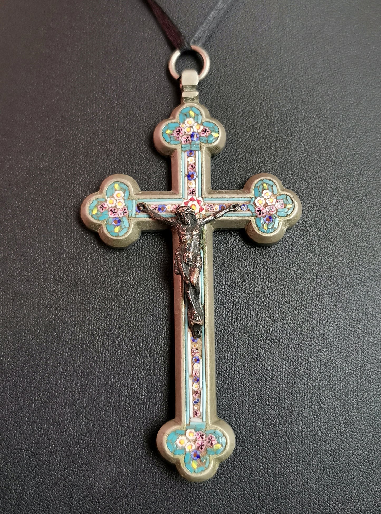 Antique Micro mosaic crucifix pendant, Italian Cross, large