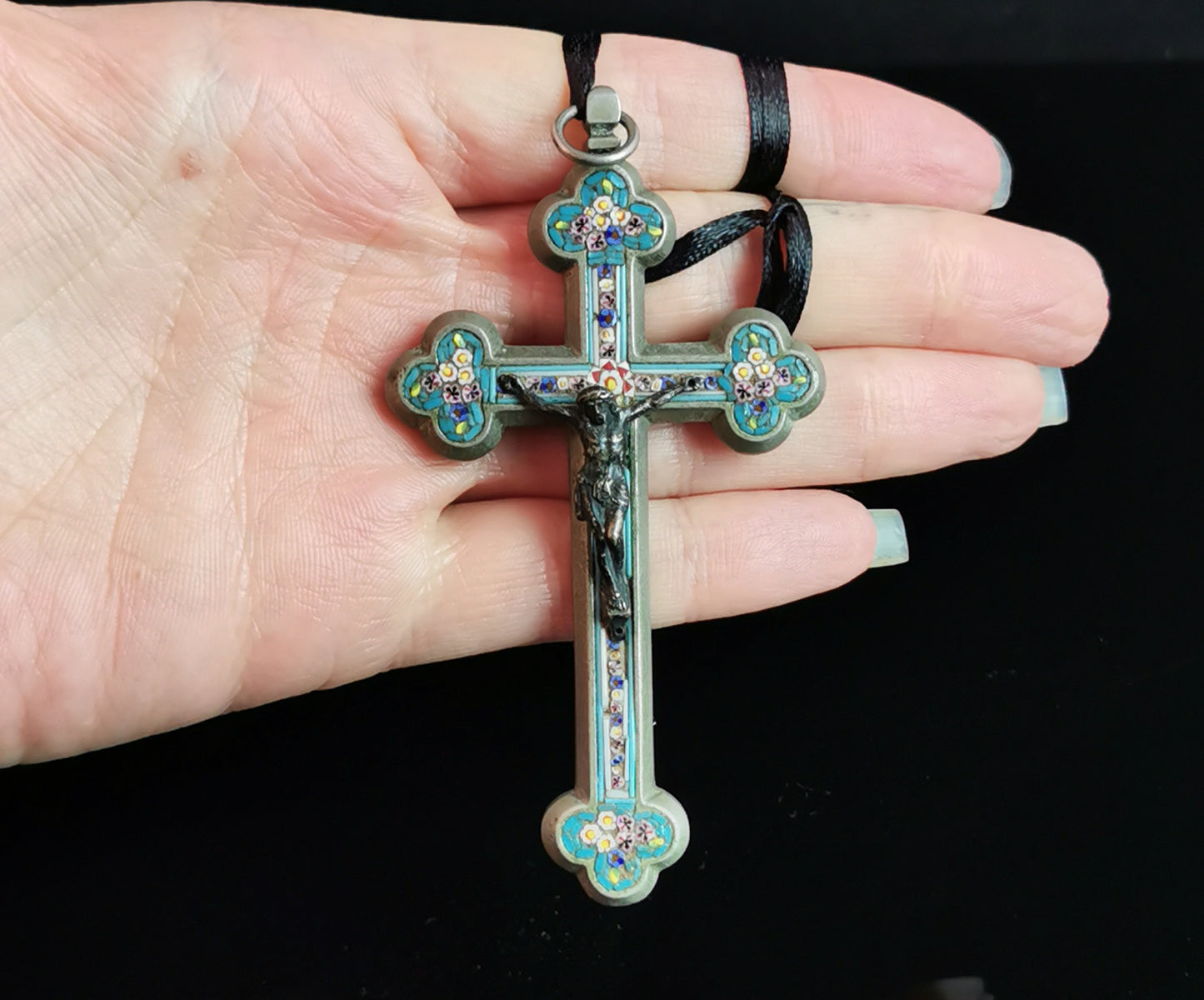Antique Micro mosaic crucifix pendant, Italian Cross, large