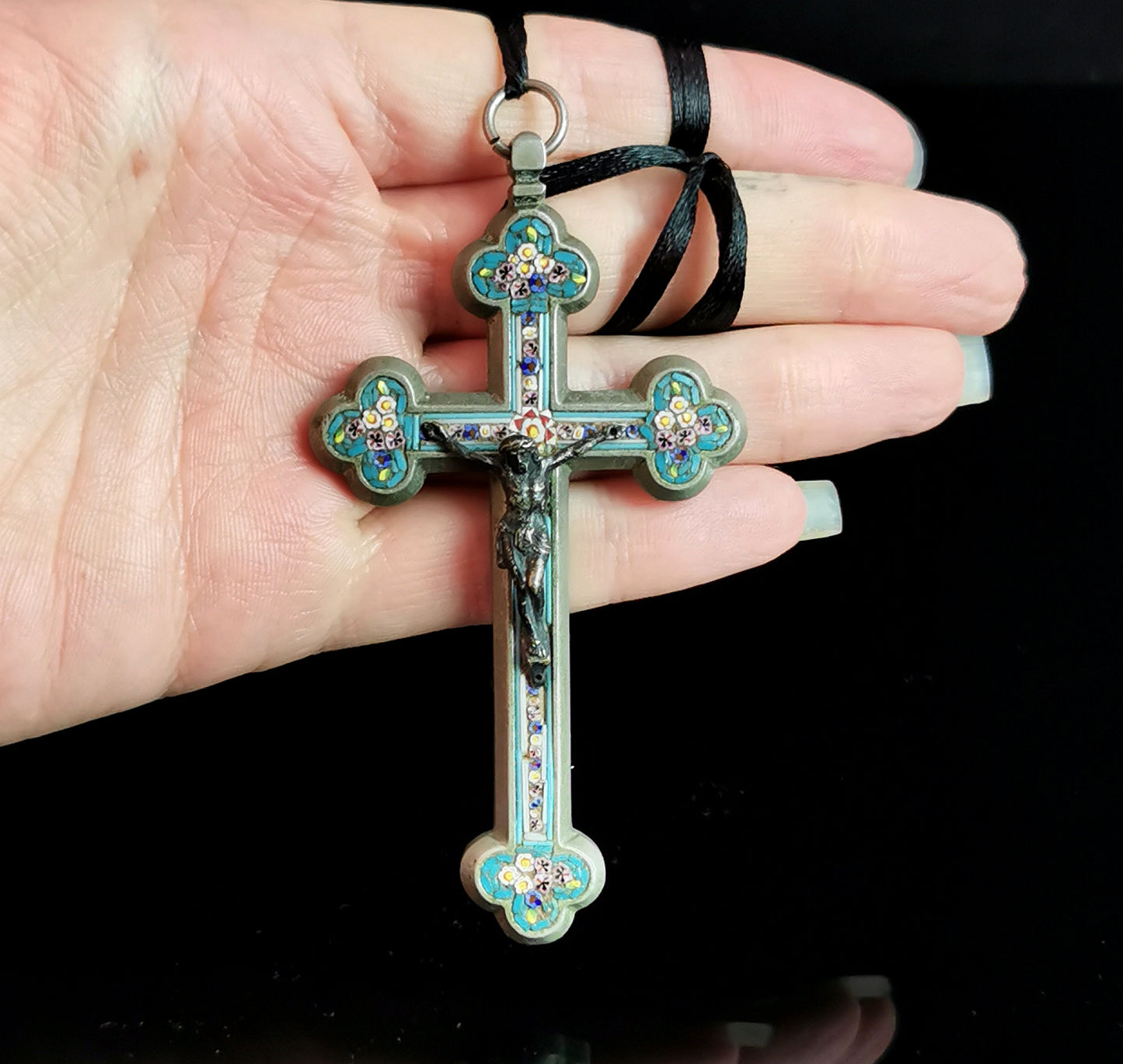 Antique Micro mosaic crucifix pendant, Italian Cross, large