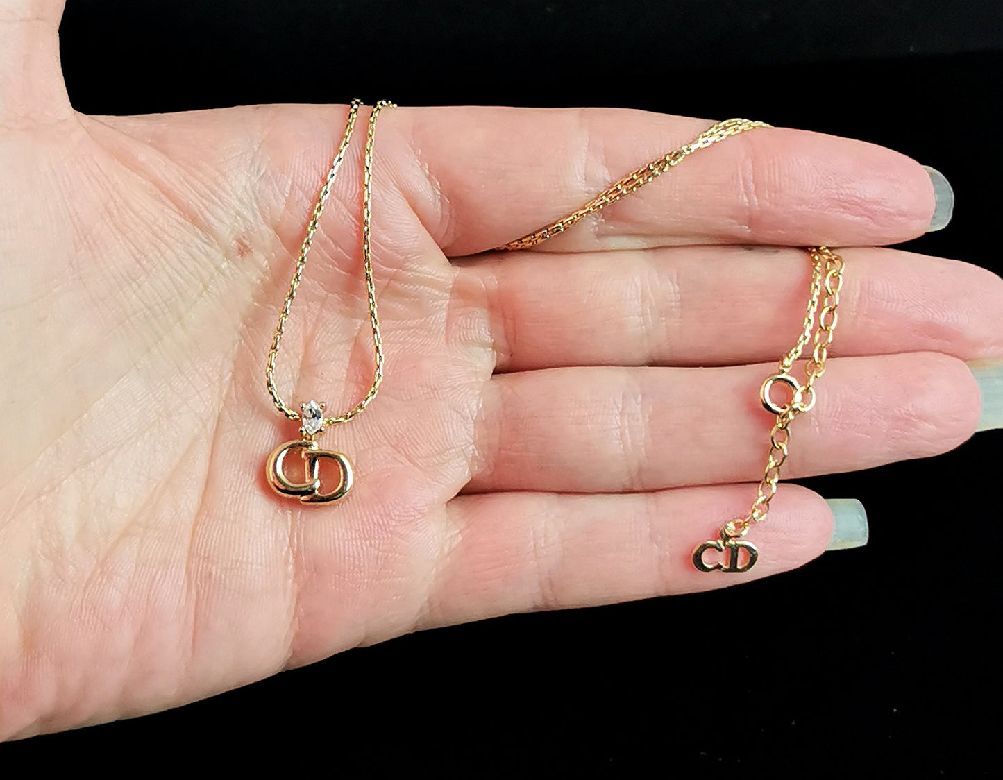 Vintage Christian Dior logo pendant necklace, gold tone and paste