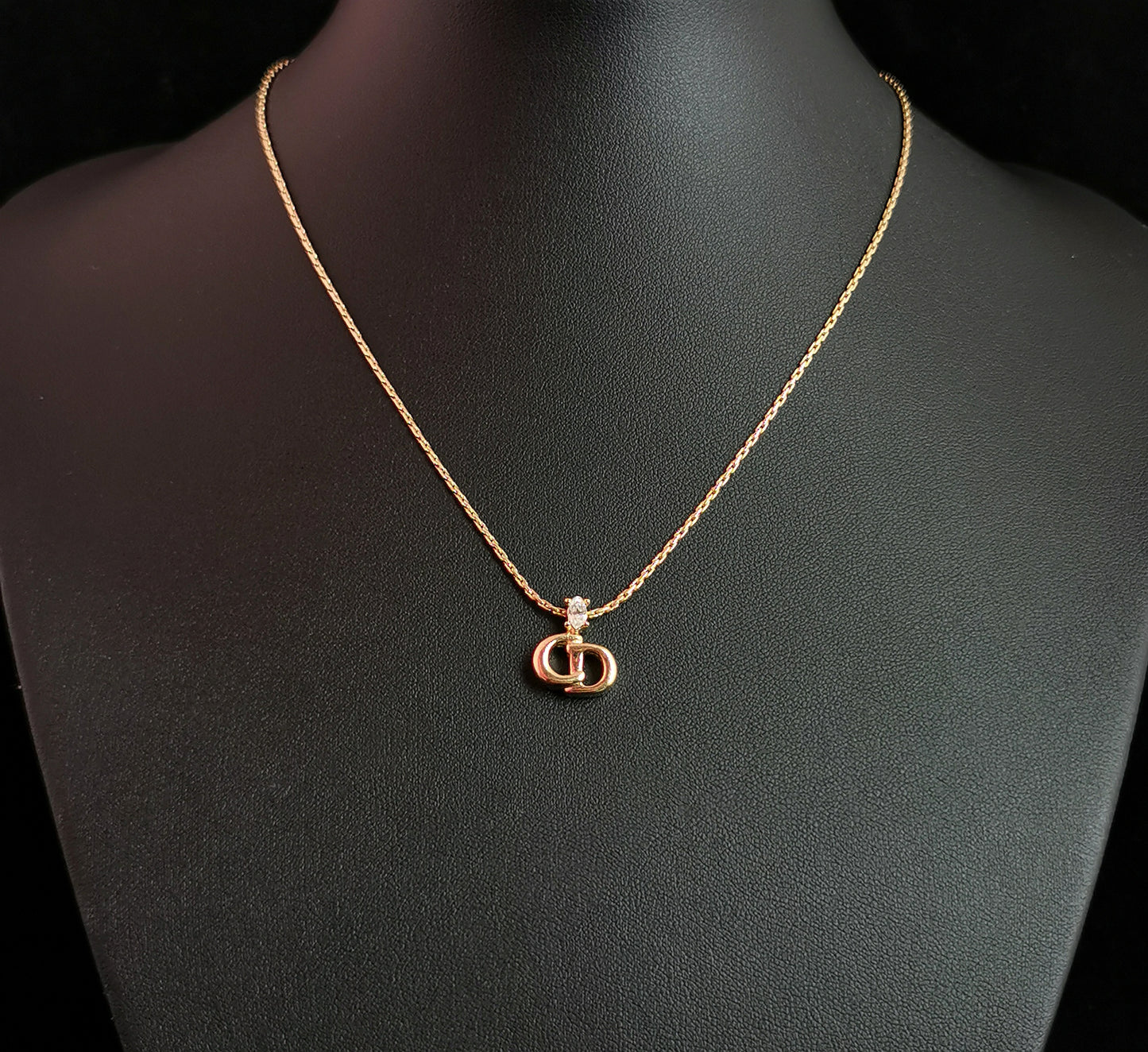 Vintage Christian Dior logo pendant necklace, gold tone and paste