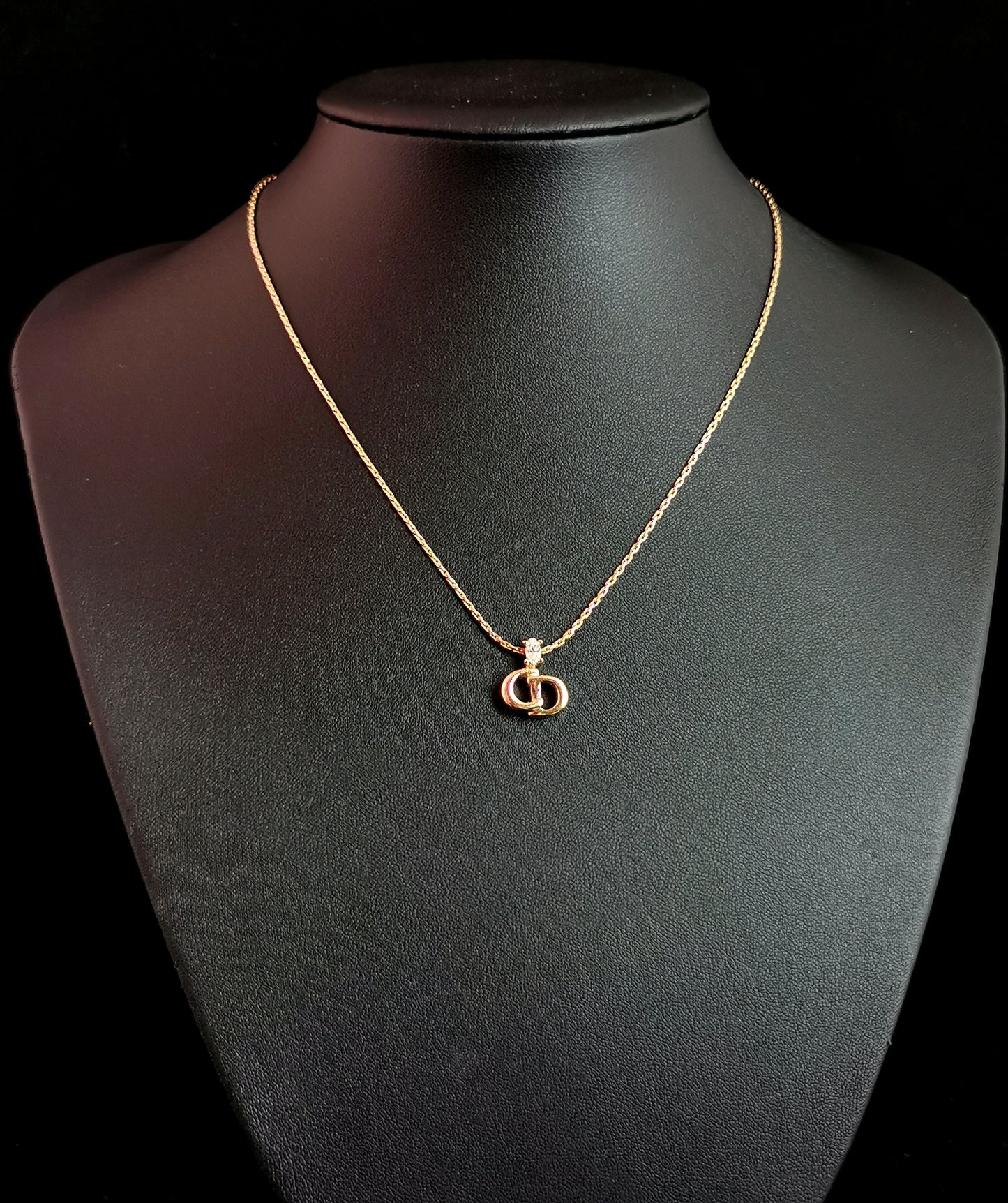 Vintage Christian Dior logo pendant necklace, gold tone and paste