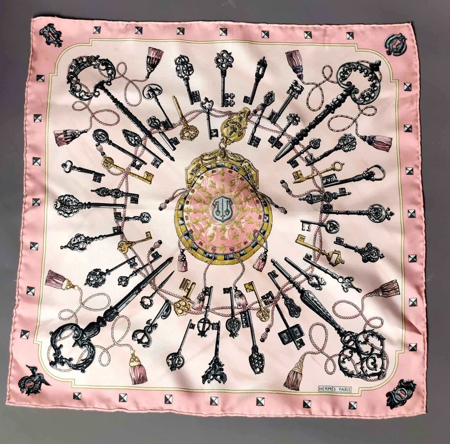 Hermes Silk scarf, Keys Les Cles, pink, Boxed