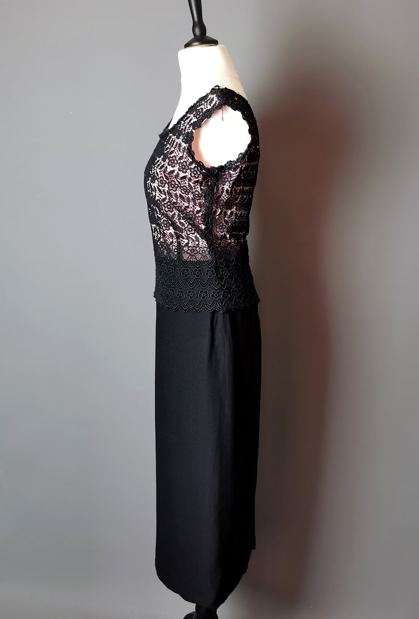 Vintage 1970s Guipure lace overlay dress, Black and pink