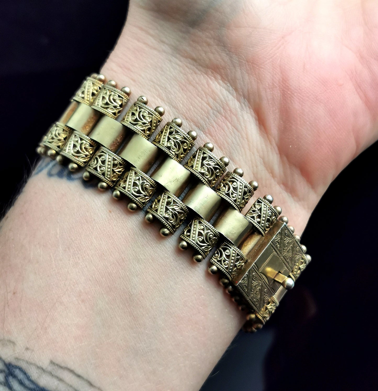 Antique Victorian gilt brick link bracelet, Aesthetic