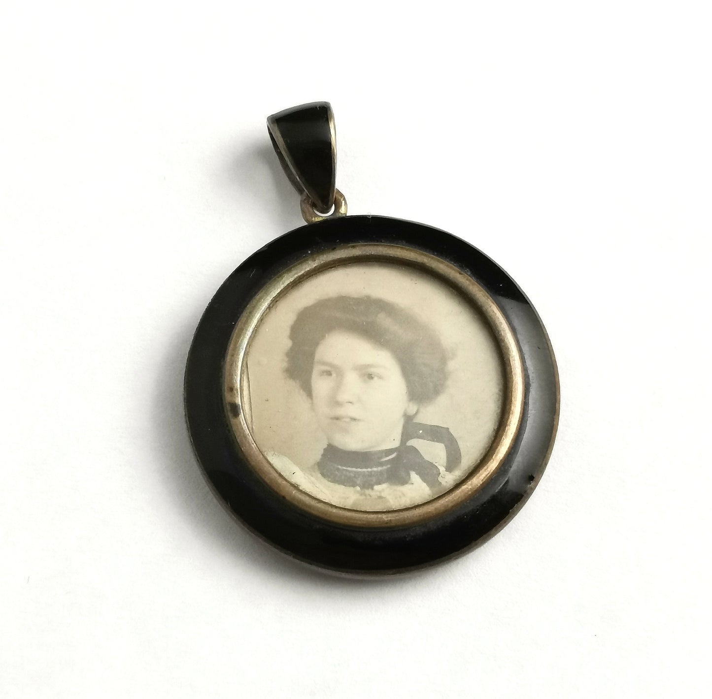 Antique mourning locket, enamel and brass, Edwardian