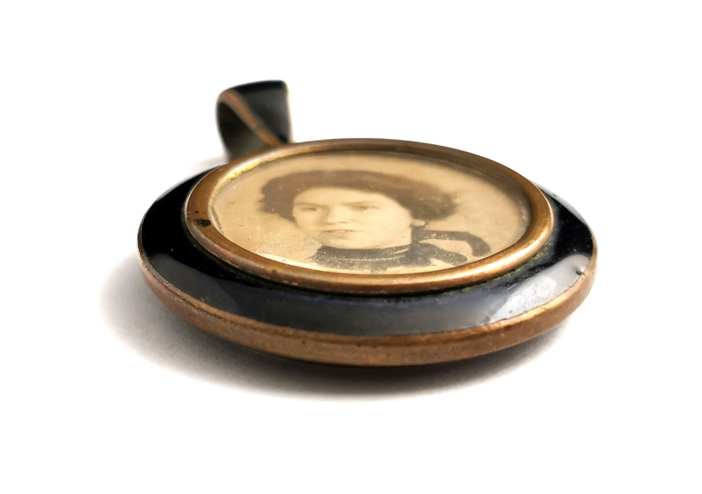 Antique mourning locket, enamel and brass, Edwardian