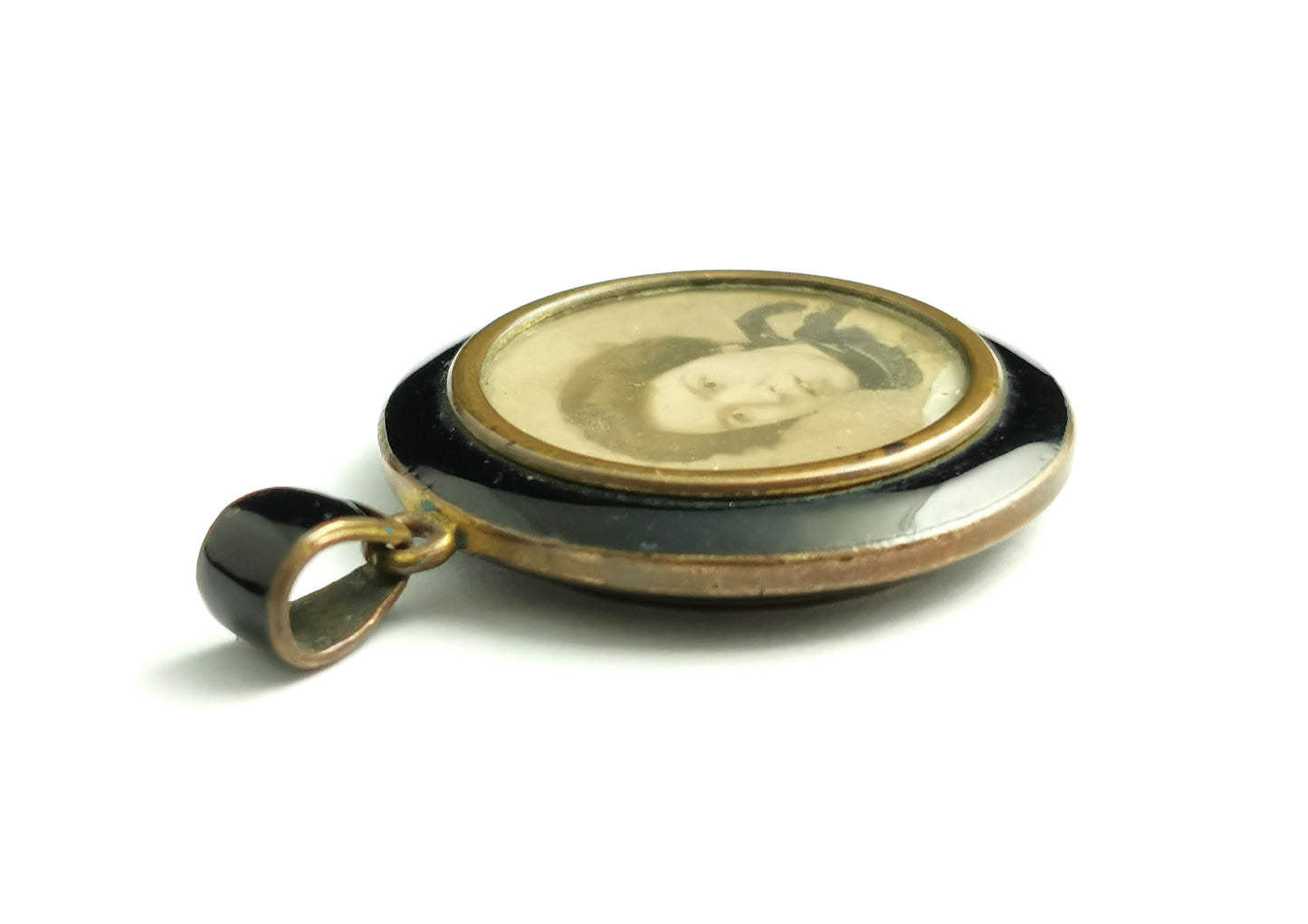 Antique mourning locket, enamel and brass, Edwardian