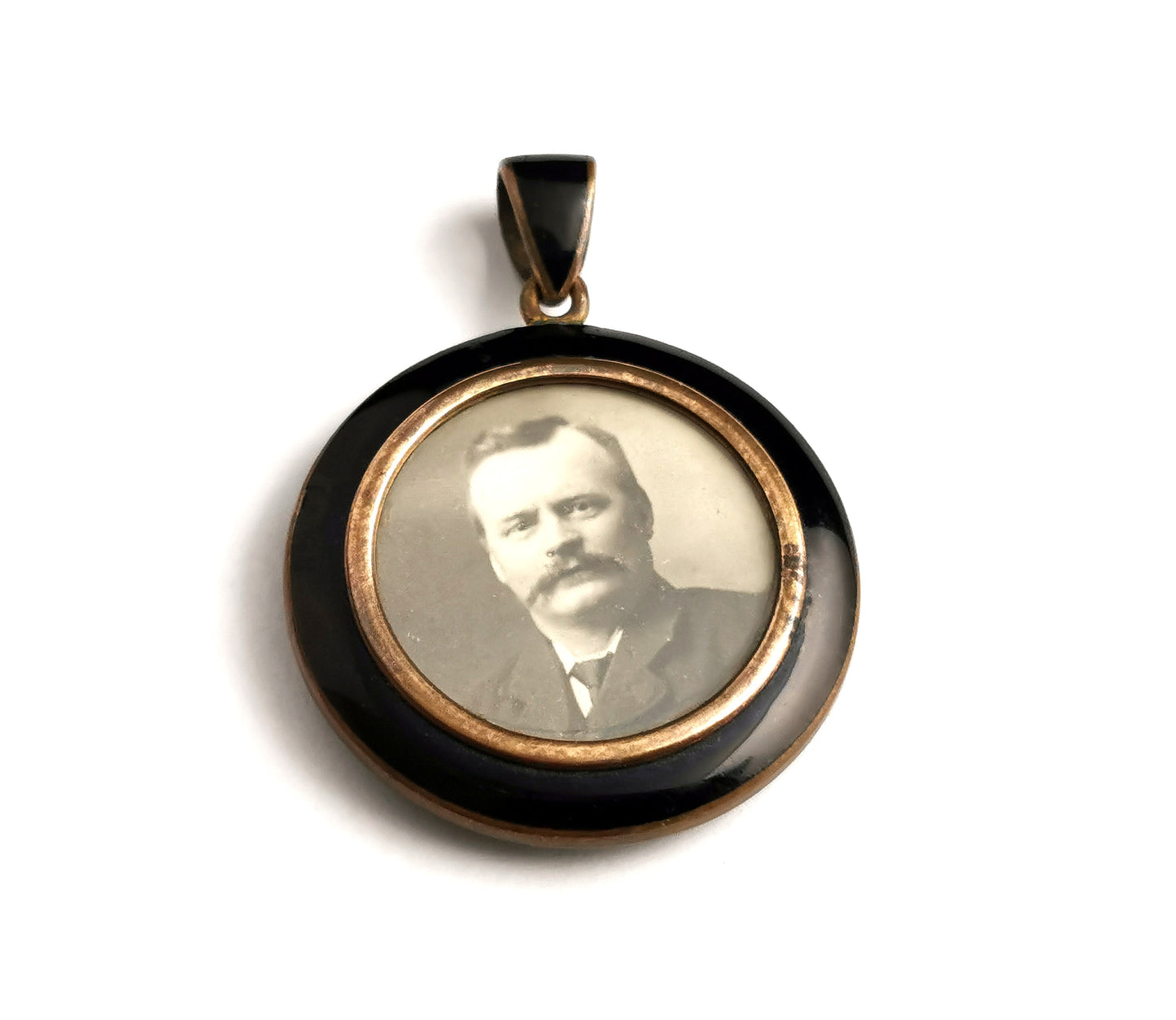 Antique mourning locket, enamel and brass, Edwardian