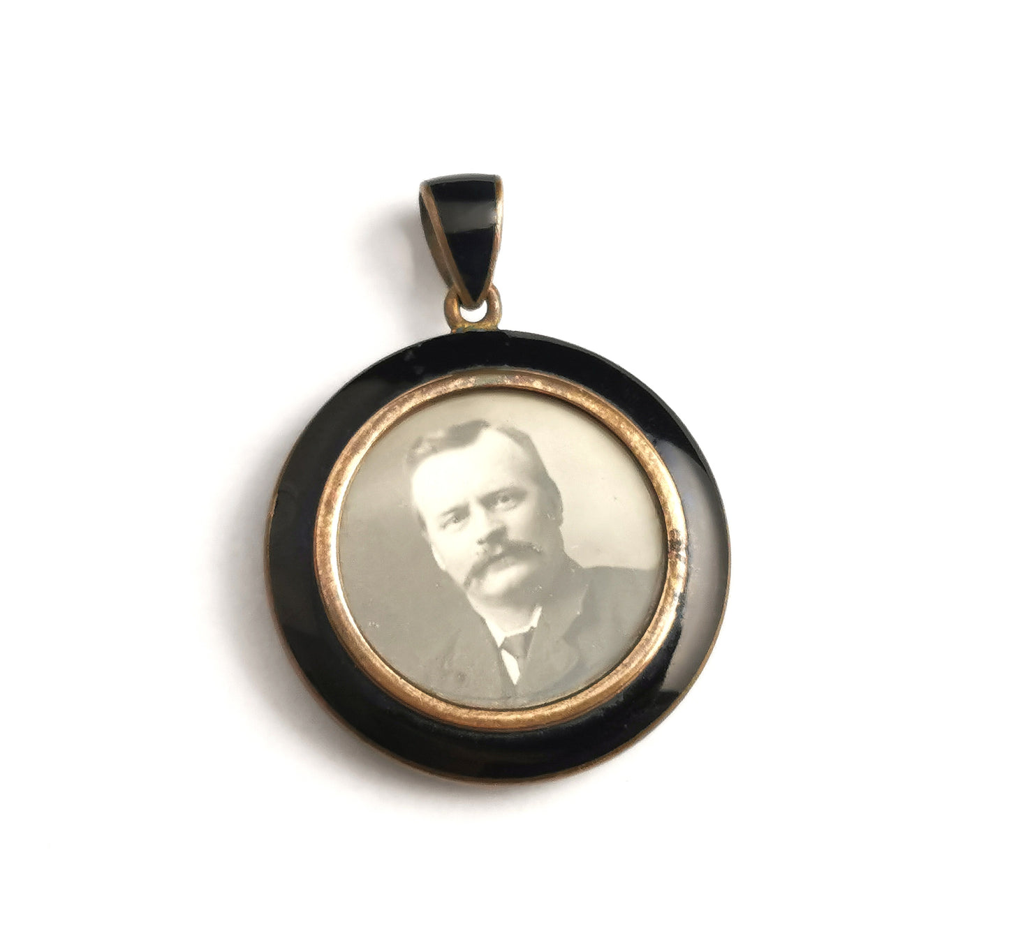 Antique mourning locket, enamel and brass, Edwardian