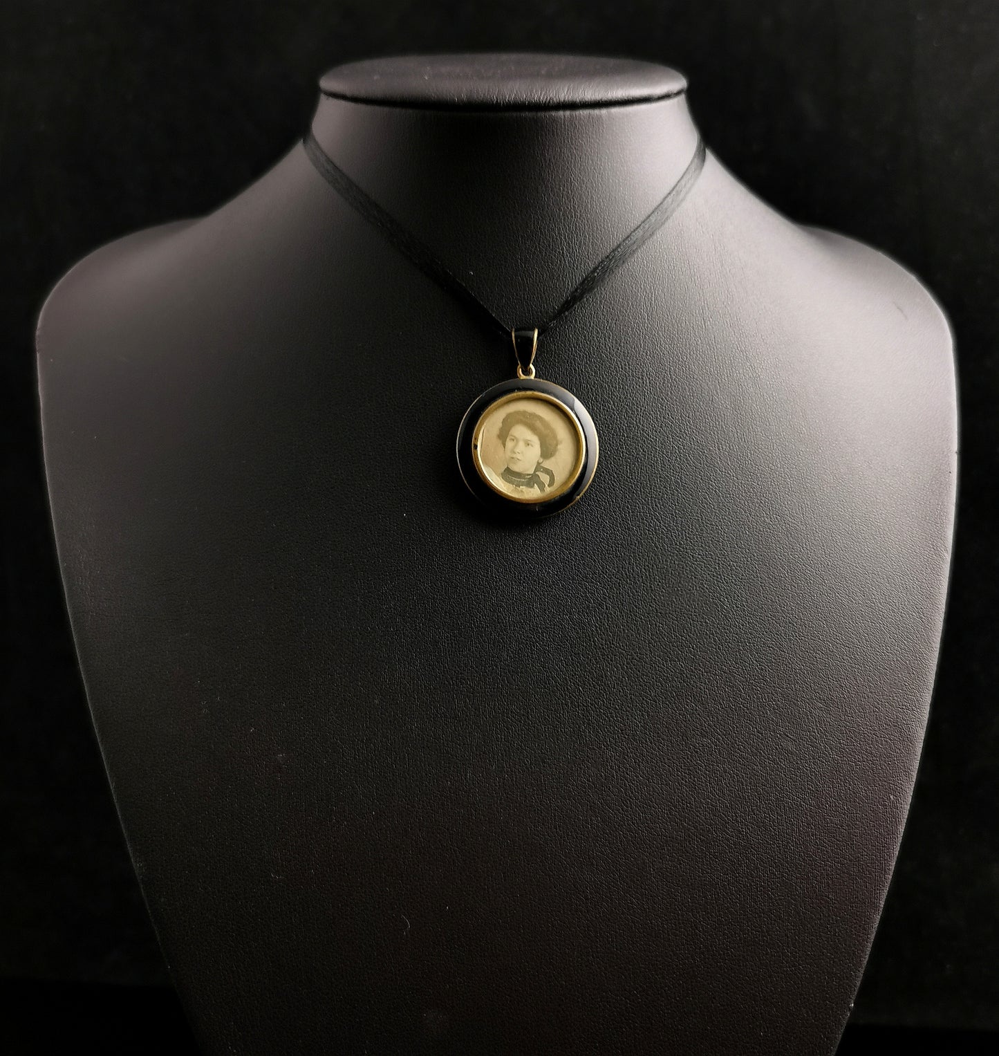 Antique mourning locket, enamel and brass, Edwardian