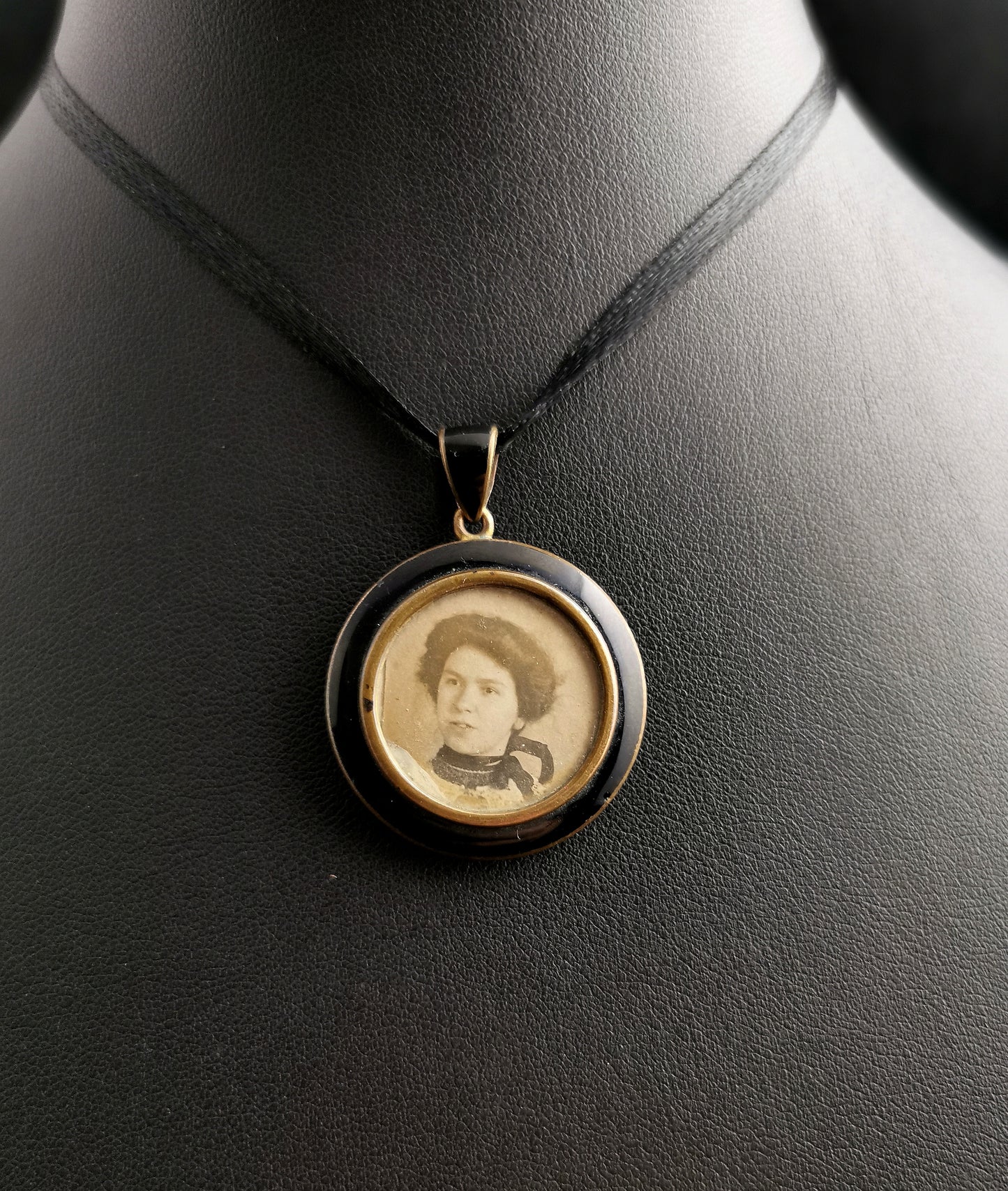 Antique mourning locket, enamel and brass, Edwardian