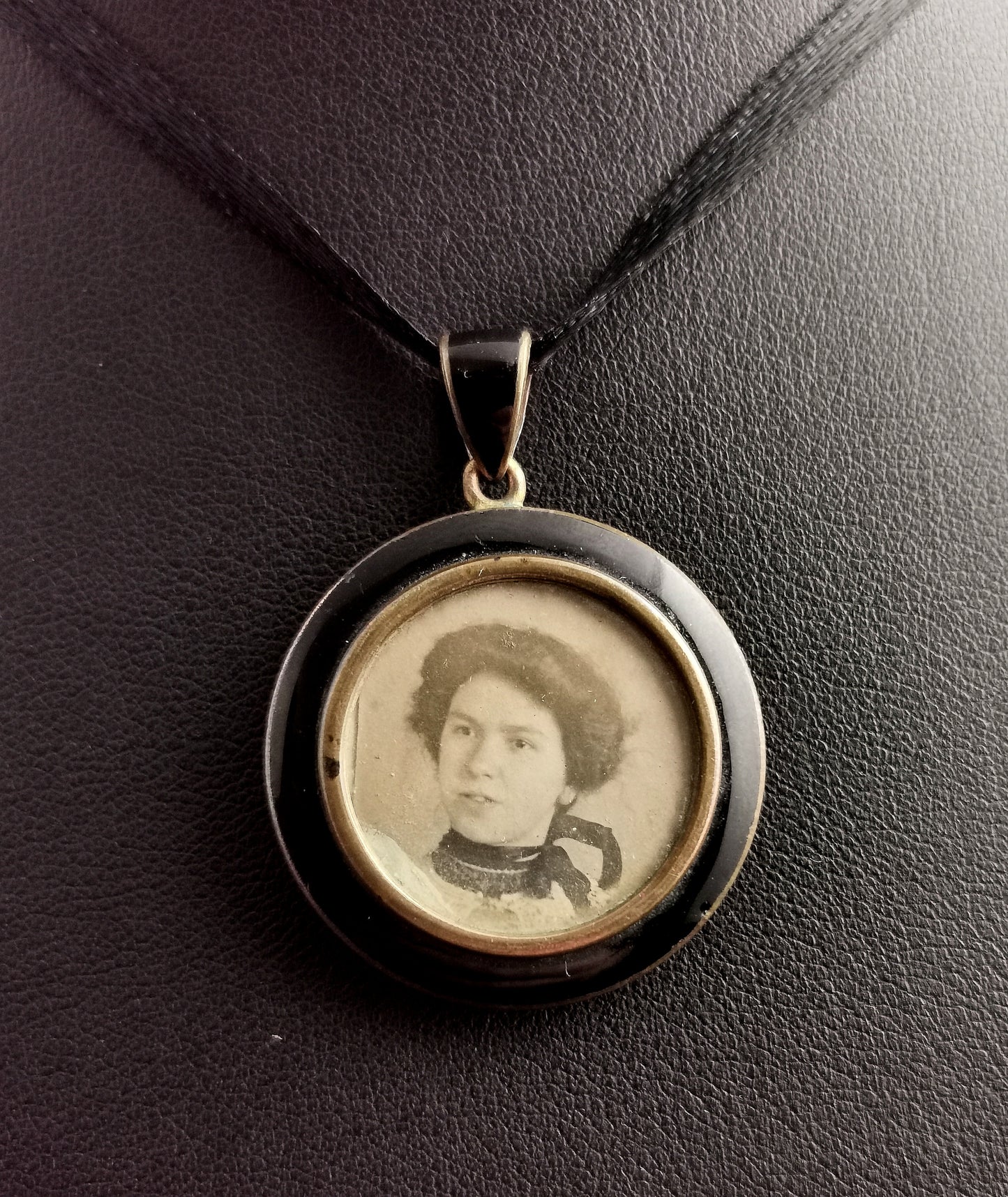 Antique mourning locket, enamel and brass, Edwardian