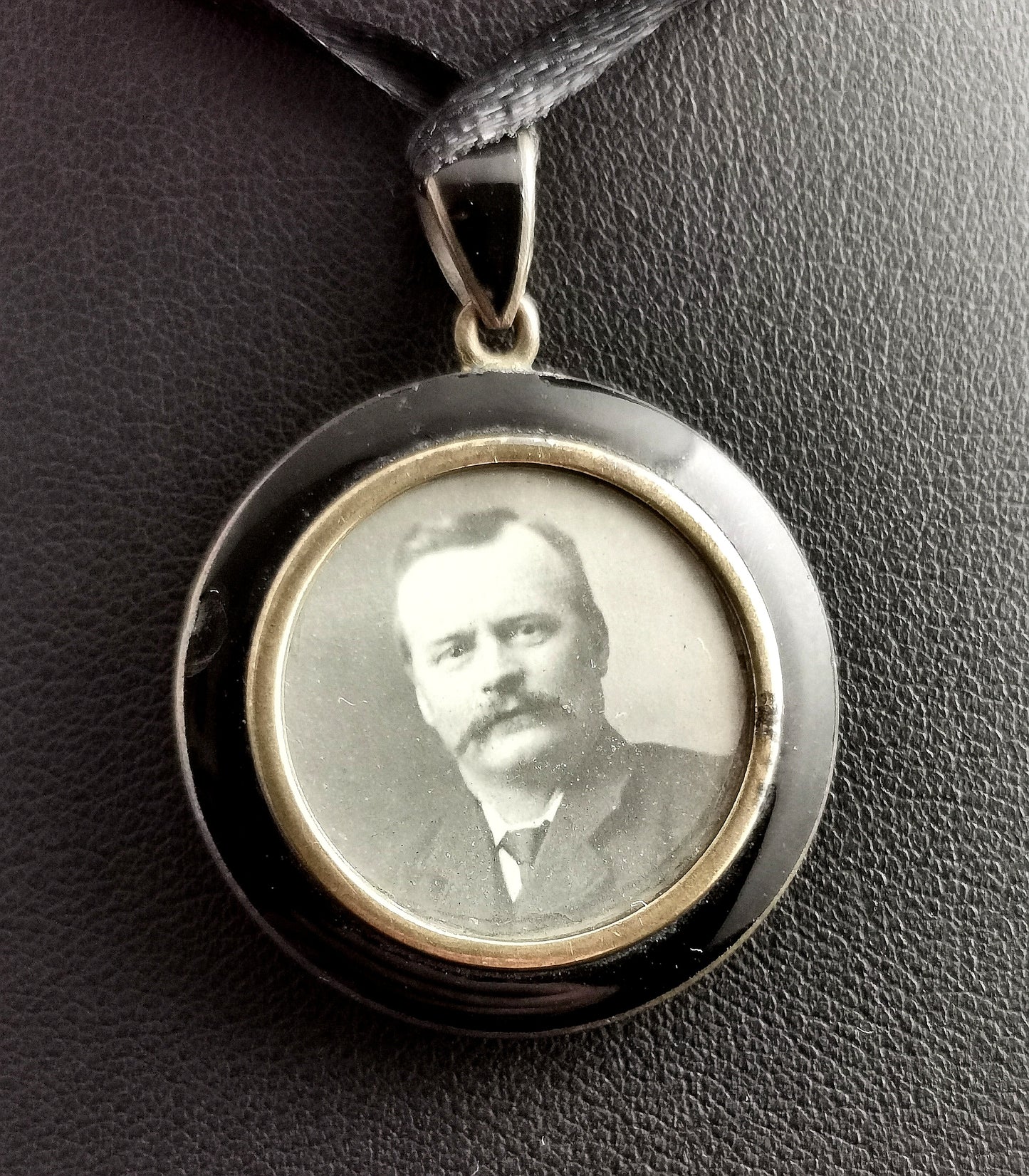 Antique mourning locket, enamel and brass, Edwardian