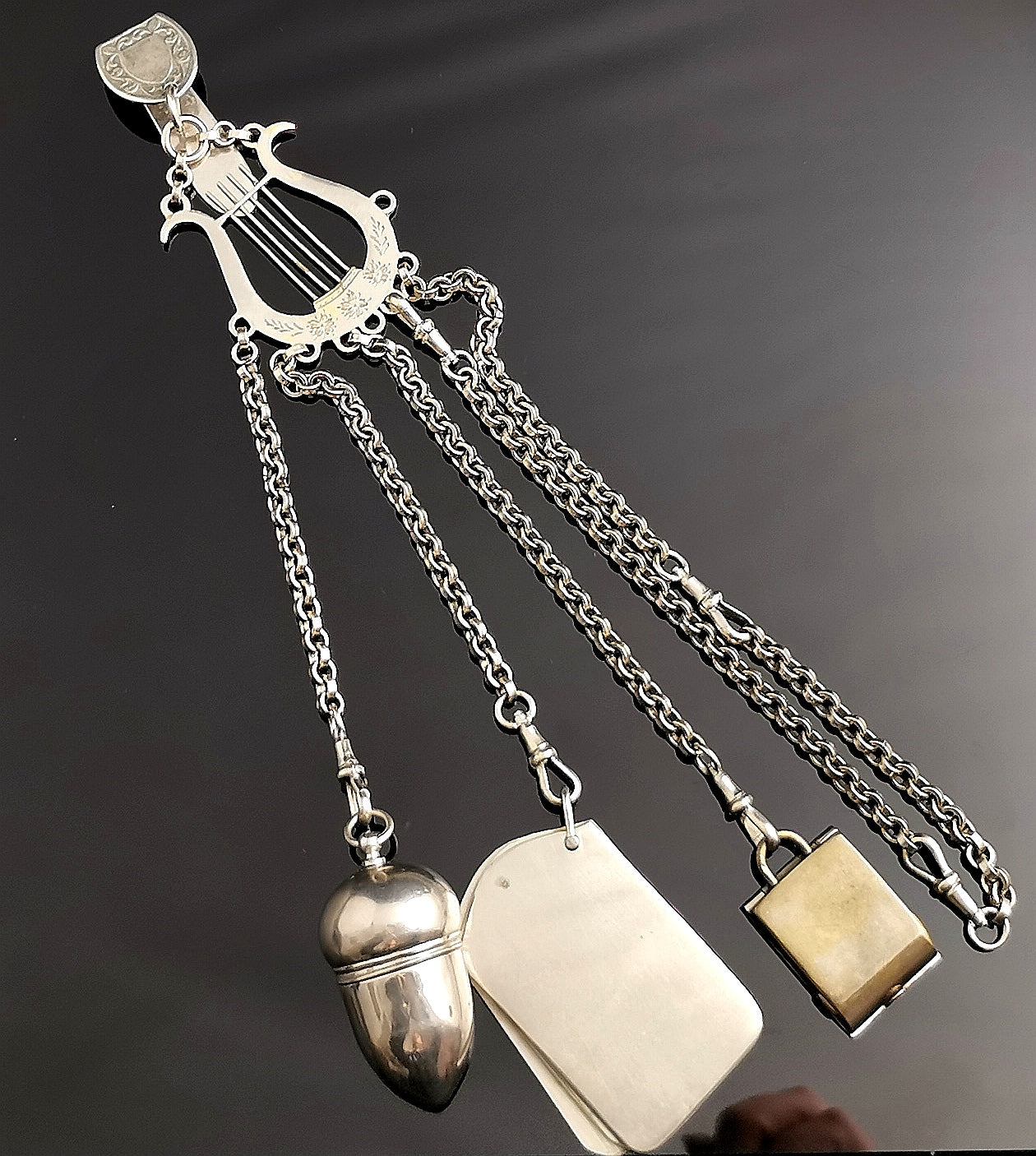 Antique Victorian silver plated chatelaine, Lyre and Acorn