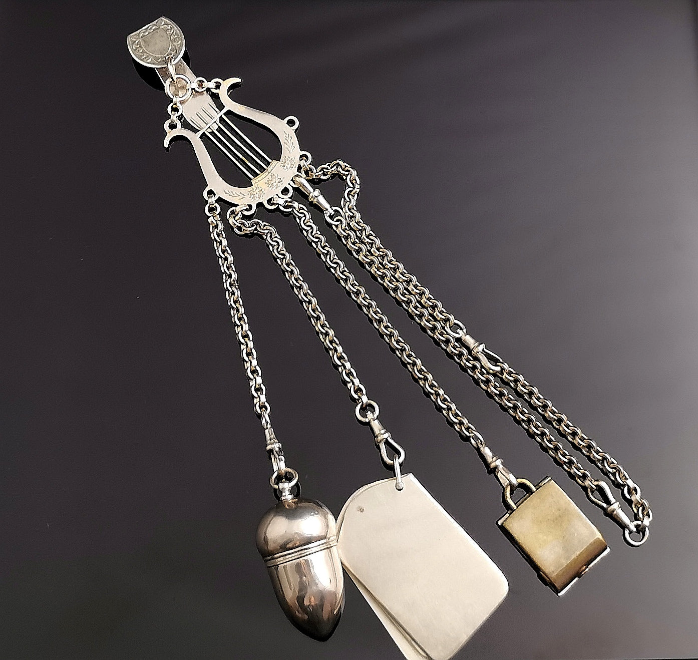 Antique Victorian silver plated chatelaine, Lyre and Acorn